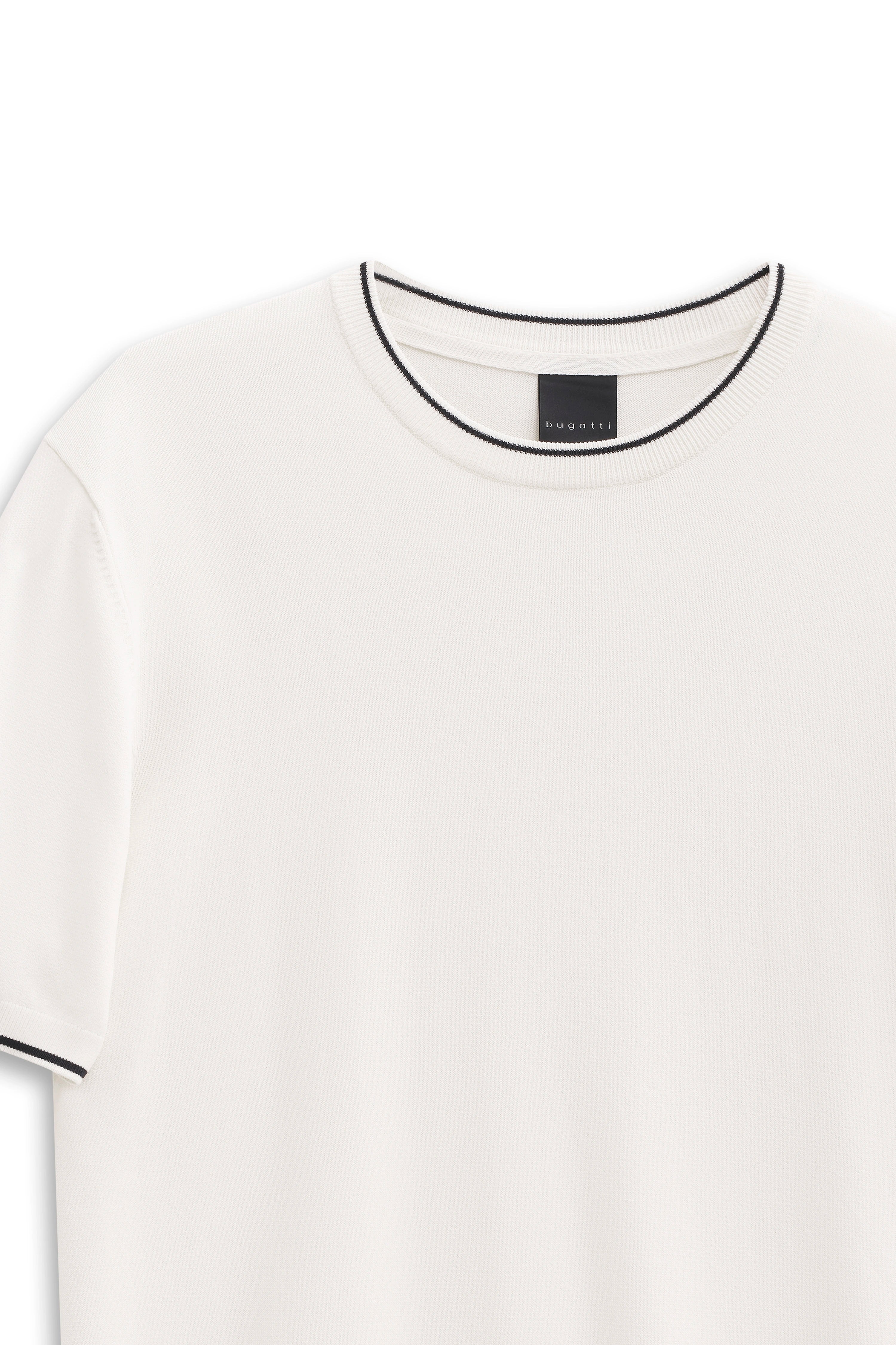 White bugatti T-shirt bust with black collar detail, simple design.