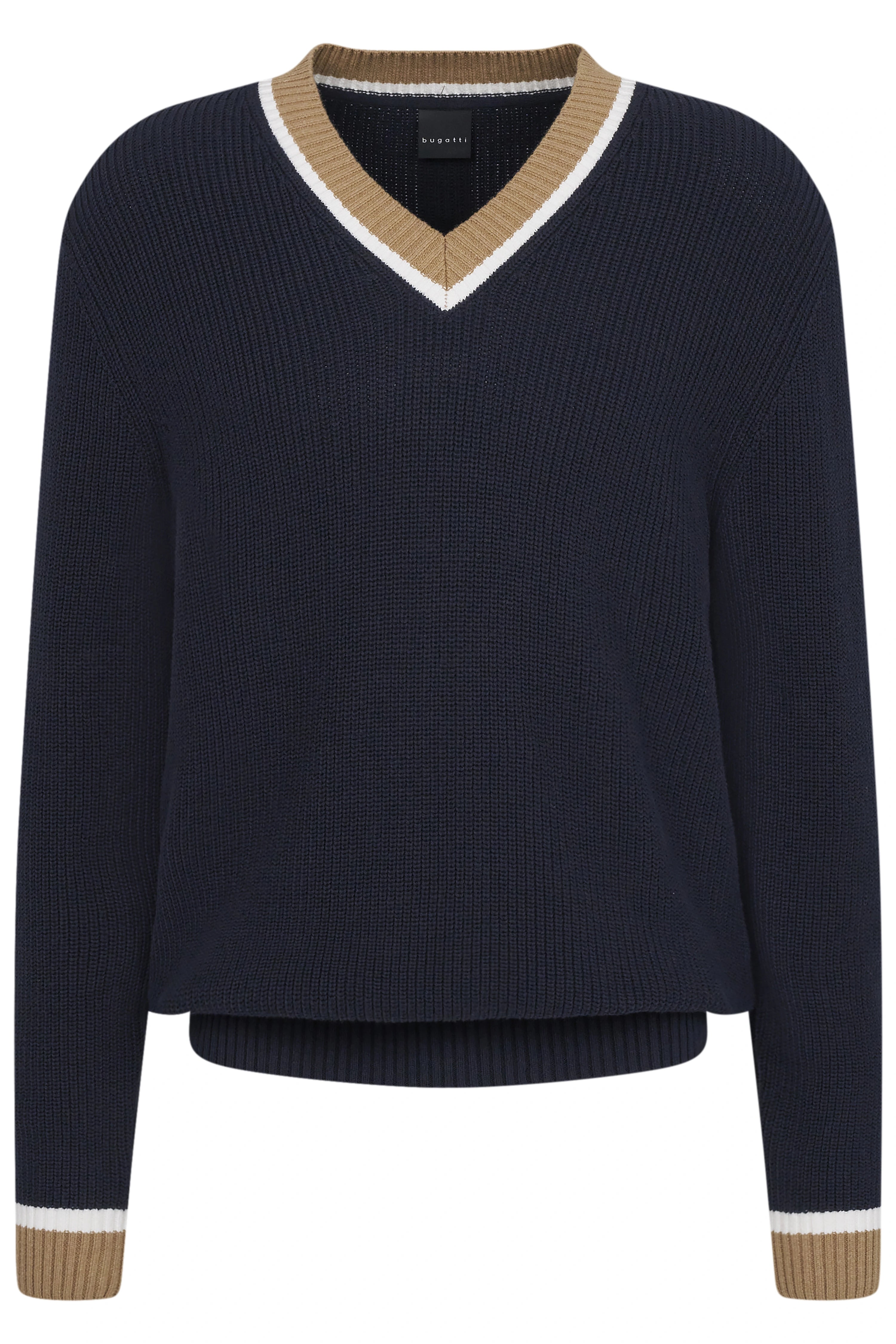bugatti Pullover in Navy mit V-Ausschnitt und Kontrastbündchen, Büstenbild.