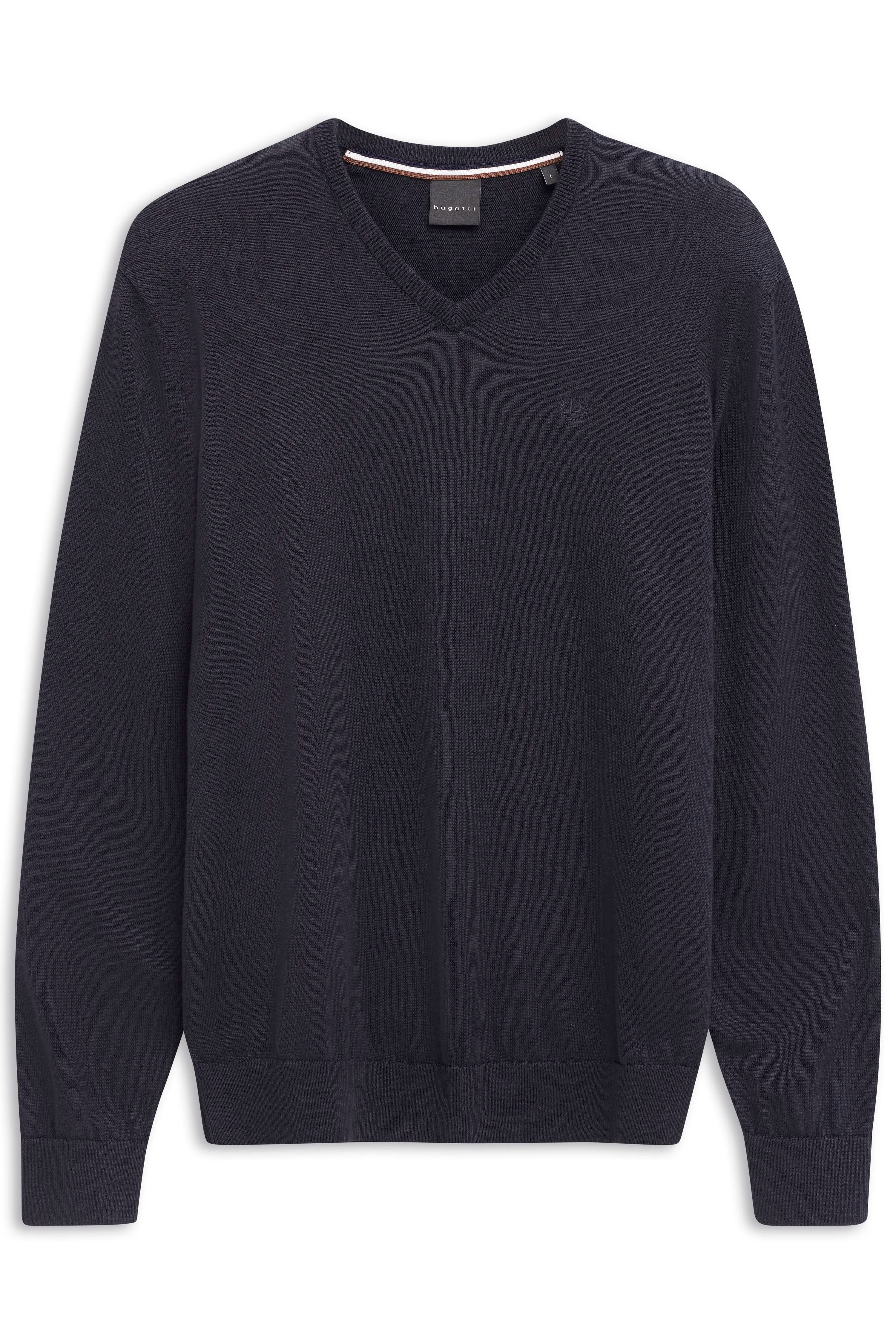 Dunkelblauer bugatti V-Pullover, schlichtes Design, Büstenbild.