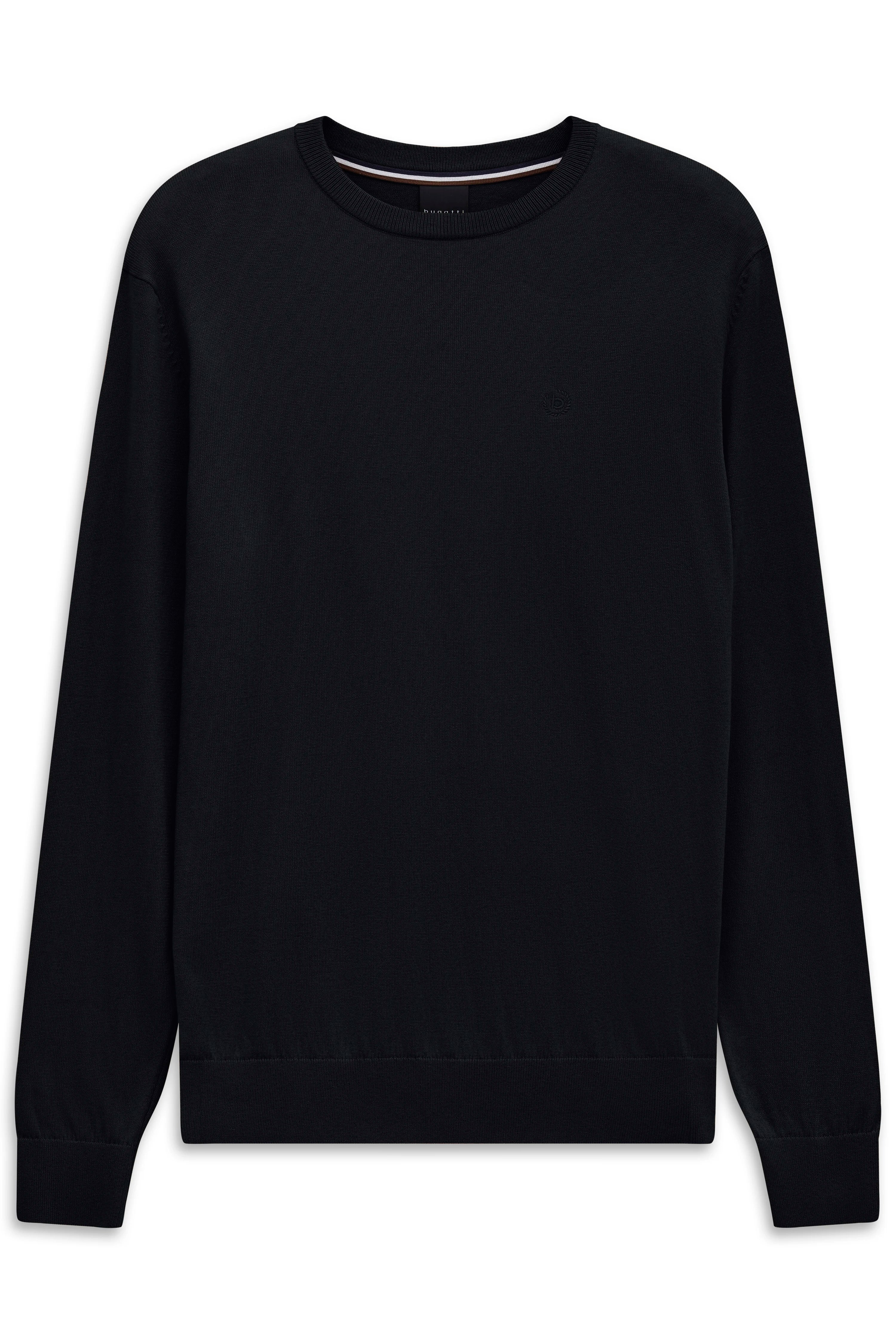 Schwarzer bugatti Pullover, leger abgebildet, klassisches Design, ideal für zeitlosen Stil.