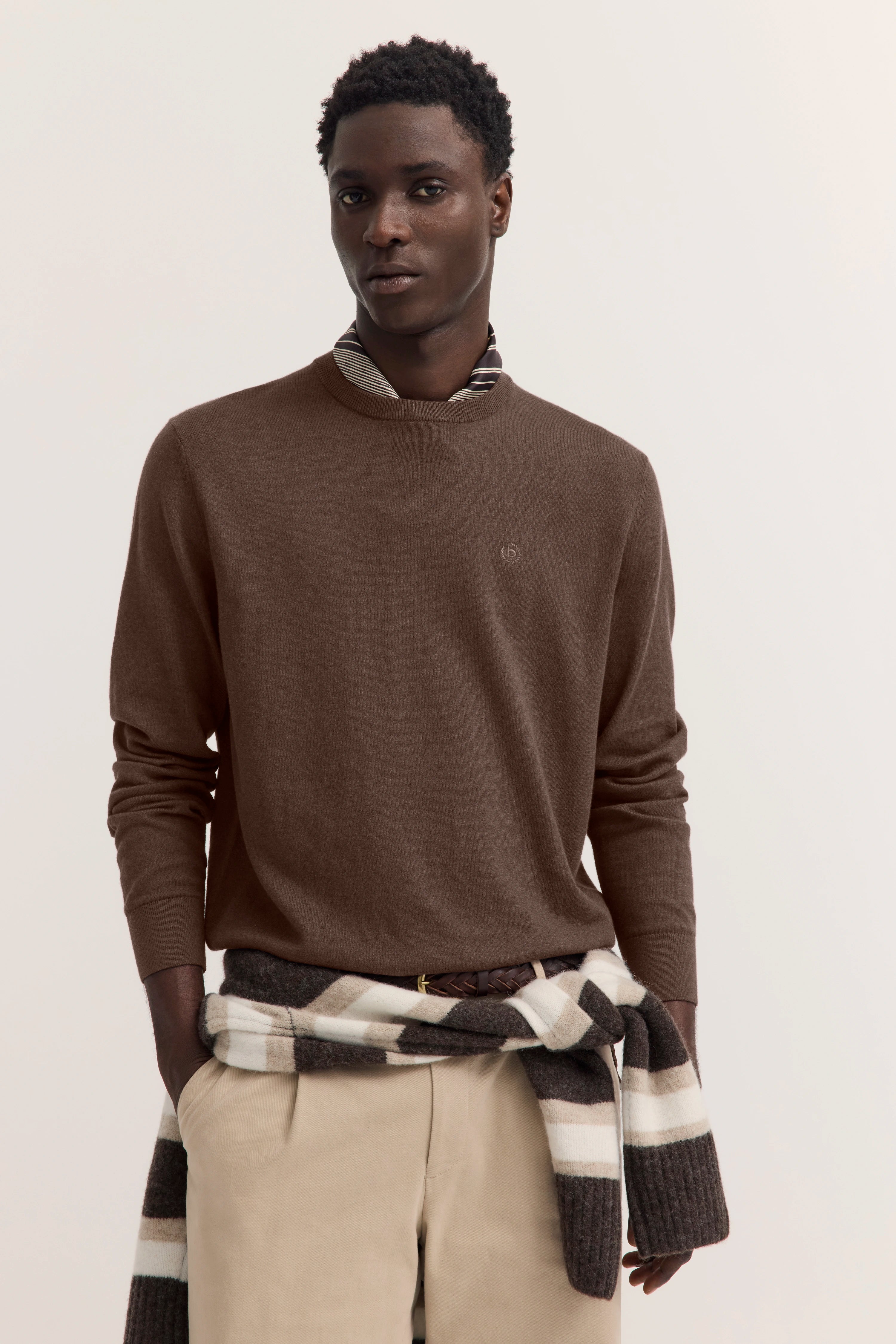 Brauner Pullover, beiges Hemd, gestreifter Schal, beigefarbene Hose, Model stehend mit legerem Posing.