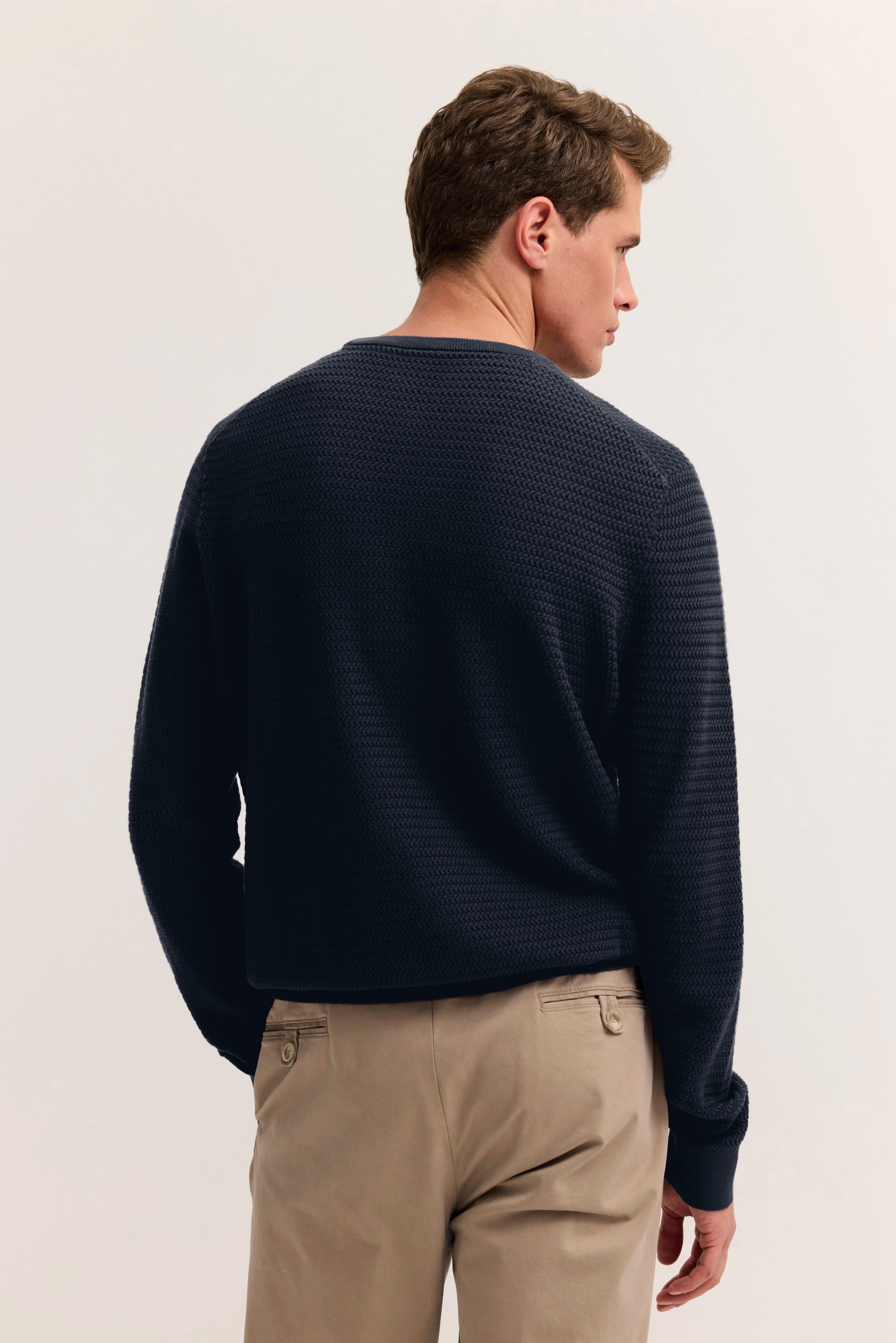 Navy Pullover in Textur, beige Hose, Modelbild von hinten, legeres Posing.