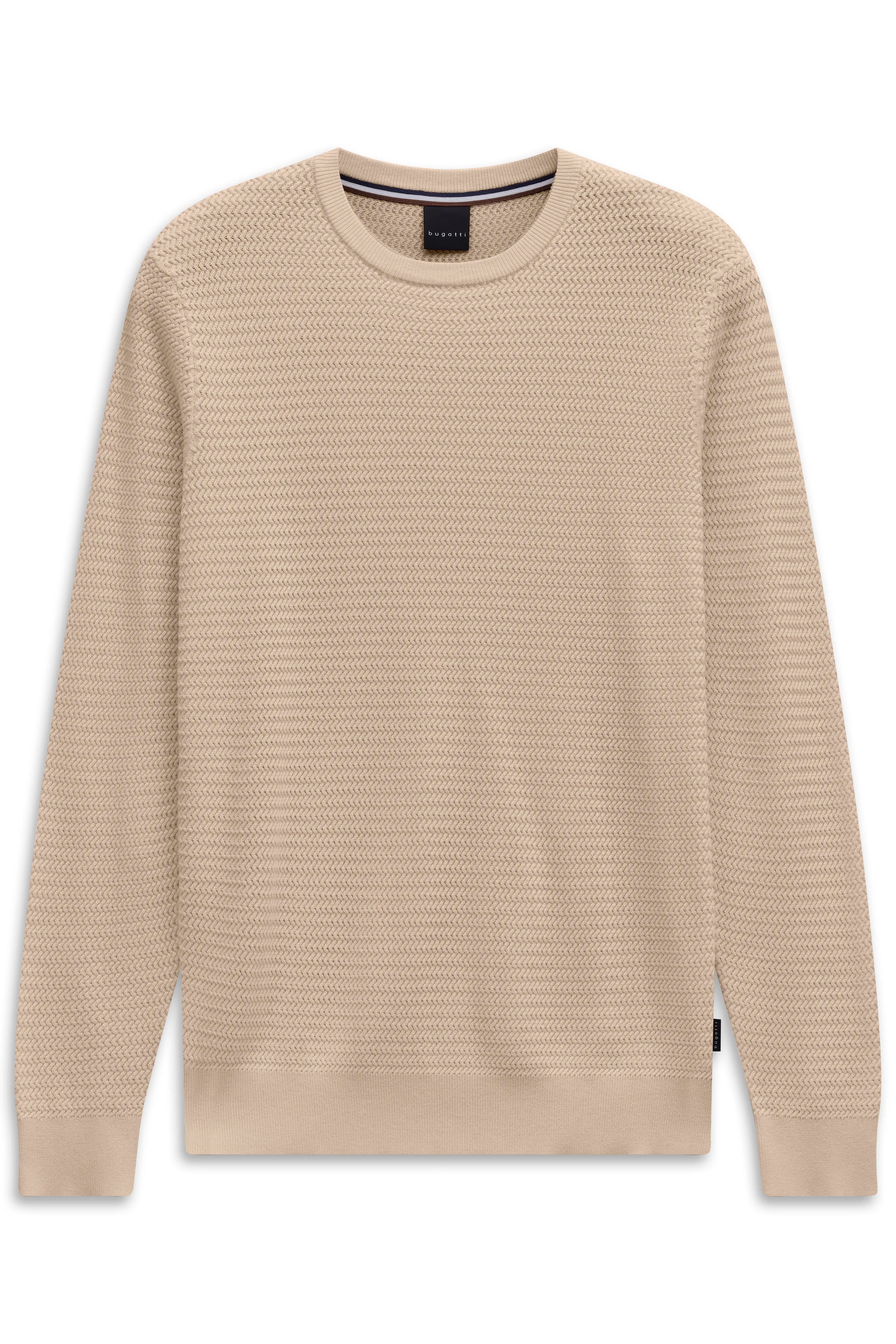 Beiger bugatti Pullover mit strukturierter Webart, Büstenbild, zeitlose Eleganz und hochwertige Verarbeitung.