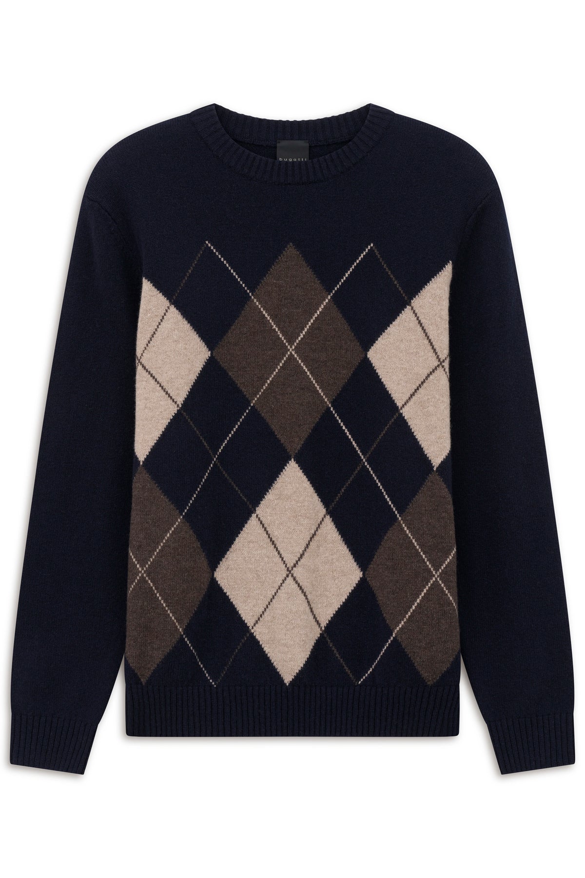 "bugatti Pullover, Argyle-Muster, Navy, Beige, Braun, Büstenbild, klassisch-elegant."
