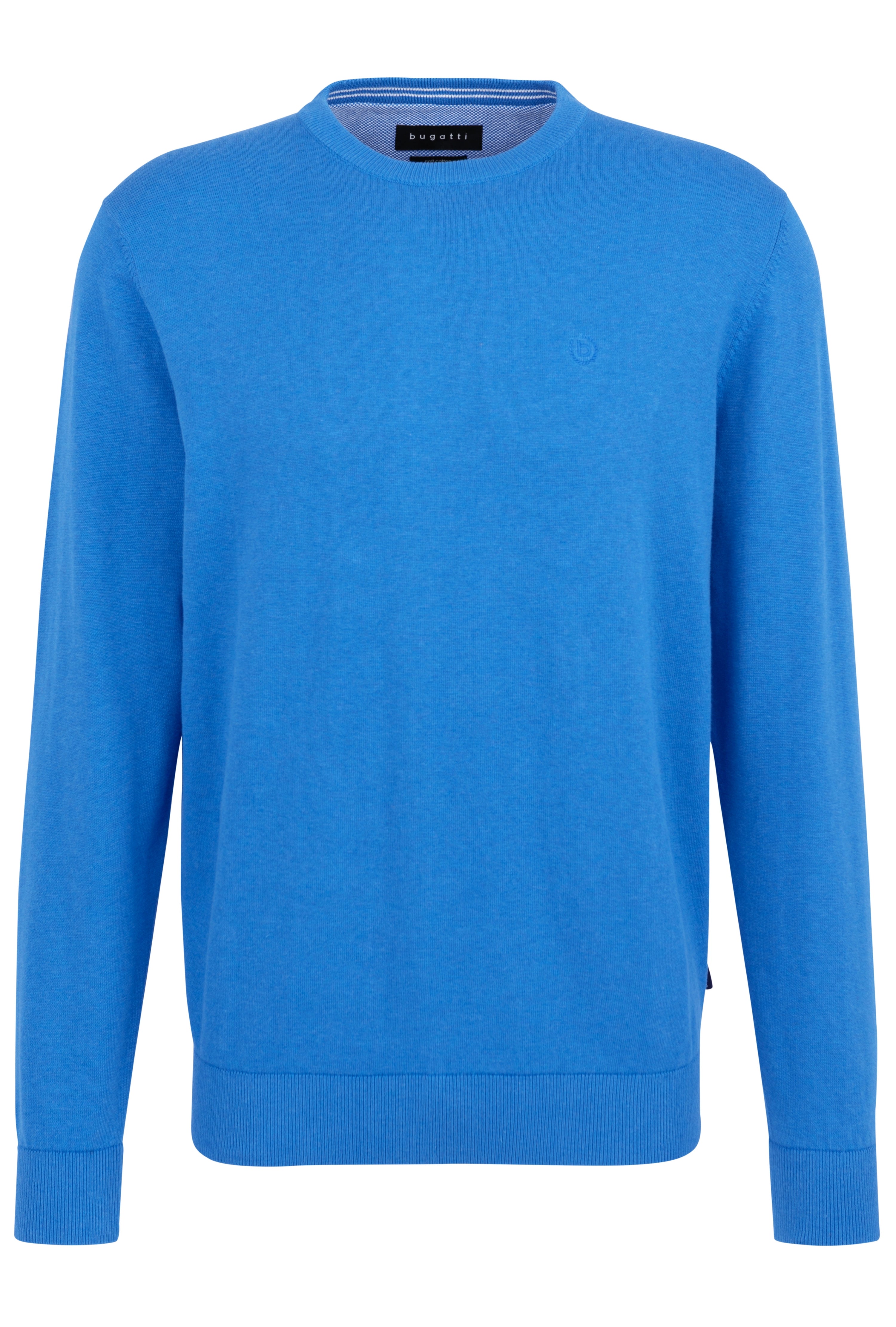 Blauer bugatti Pullover, Rundhals, legeres Büstenbild, klare Linien, hochwertiges Material.