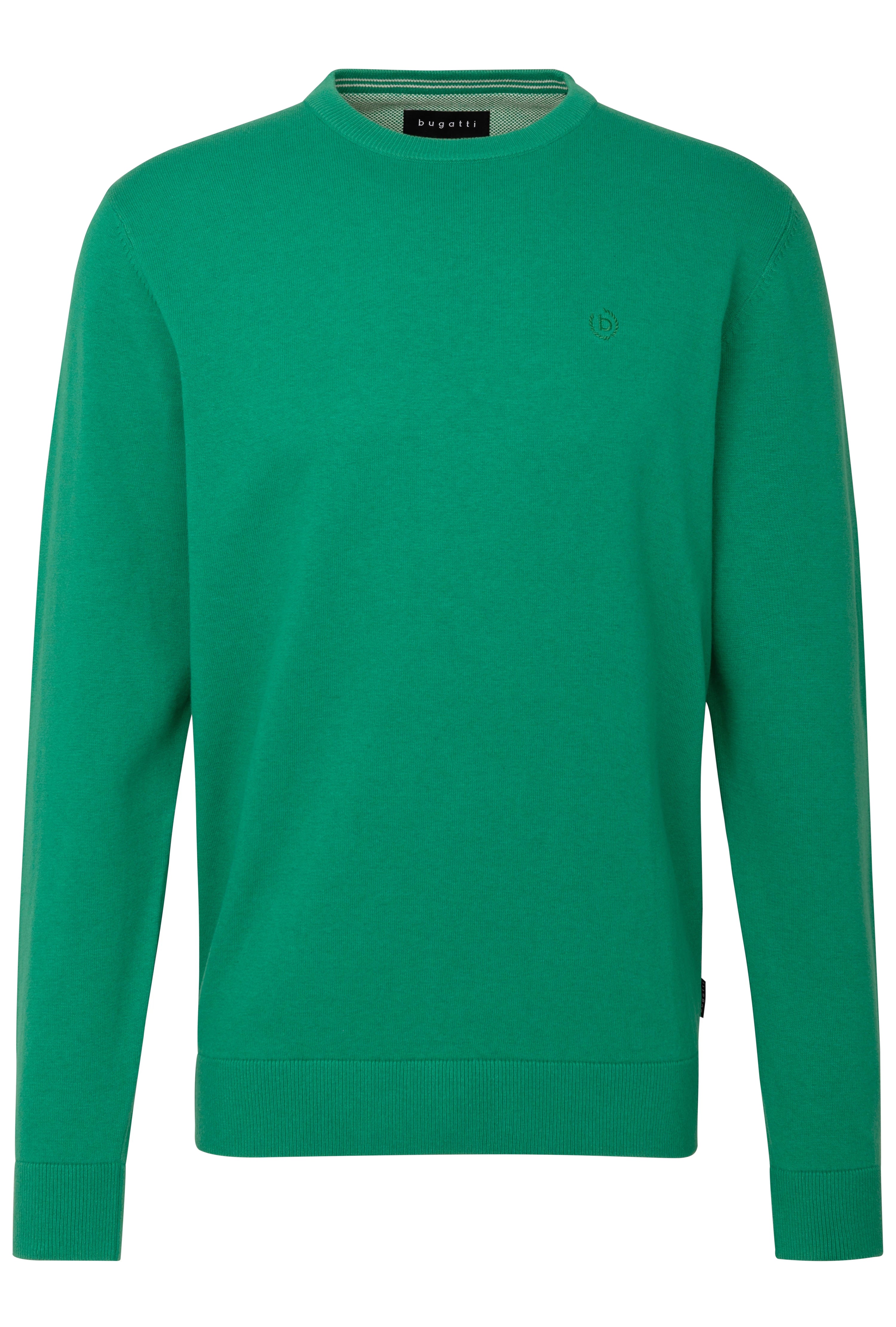 Grüner bugatti Pullover, Rundhalsausschnitt, Büstenbild.