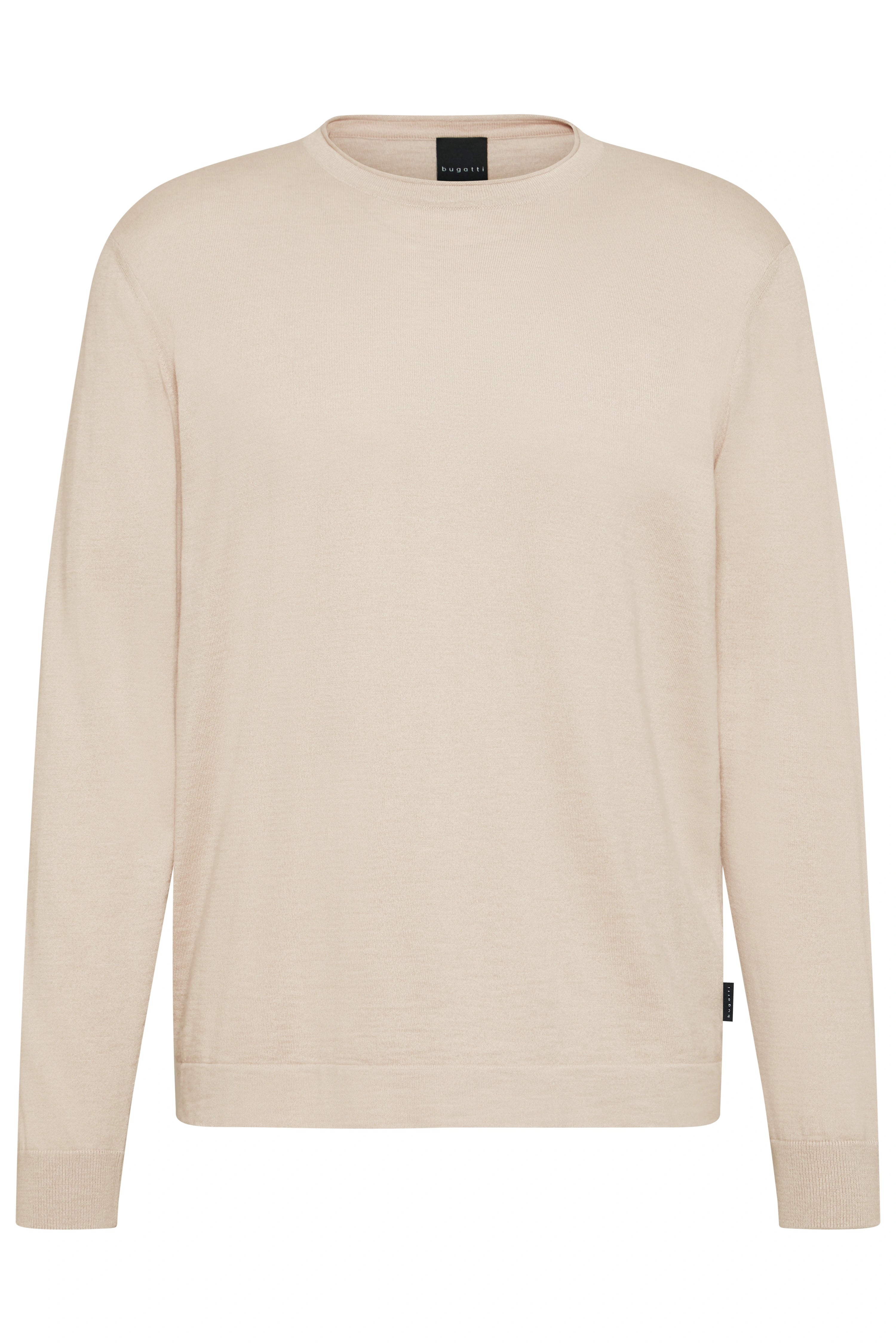 Beiger bugatti Pullover, Büstenbild, klassisches Design, zeitloser Stil, hochwertige Materialien.