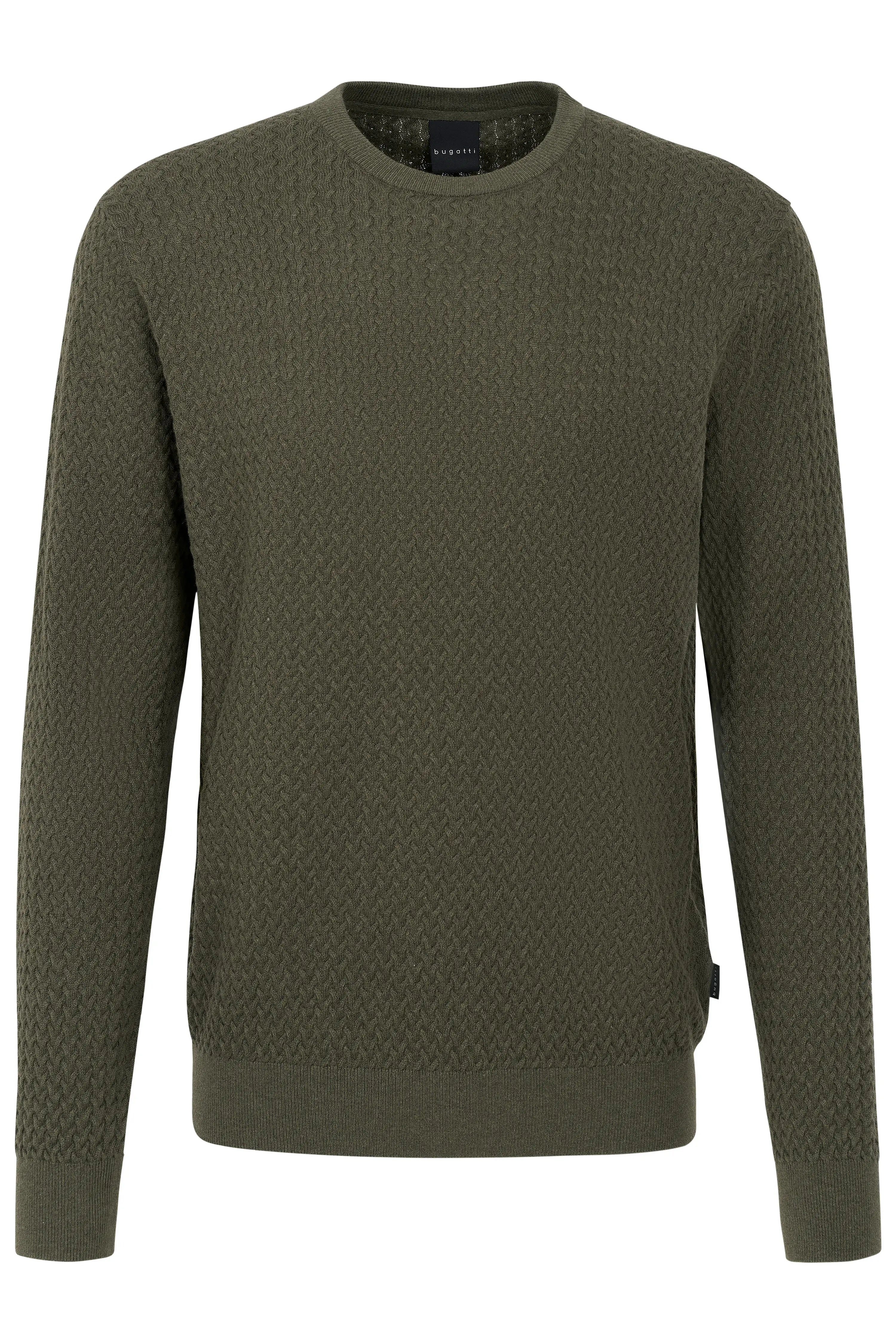 Grüner bugatti Pullover mit Strukturmuster, Büstenbild, zeitlos und elegant.