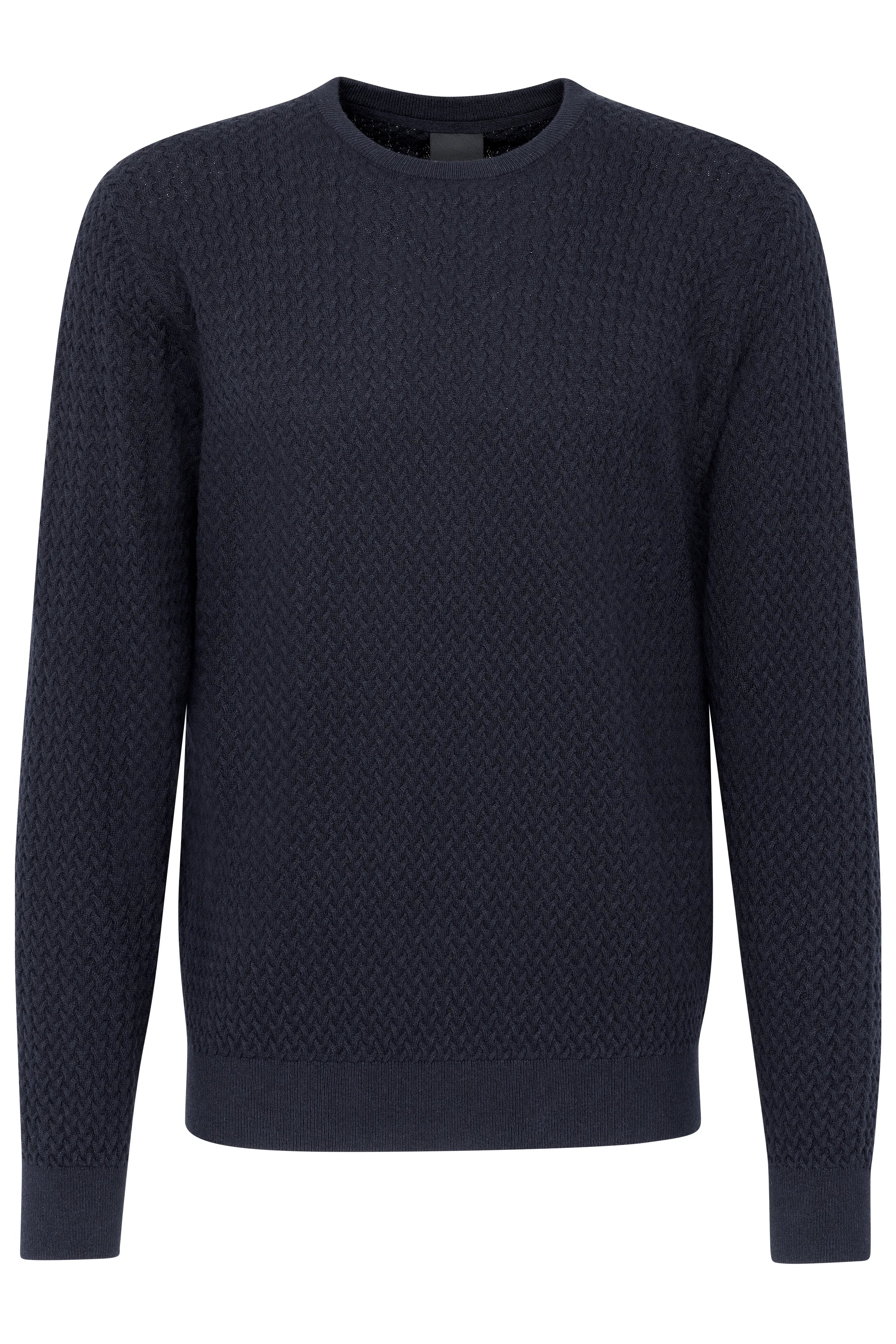 Dunkelblauer bugatti Pullover mit Strickmuster, Büstenbild, stilvoll und zeitlos.