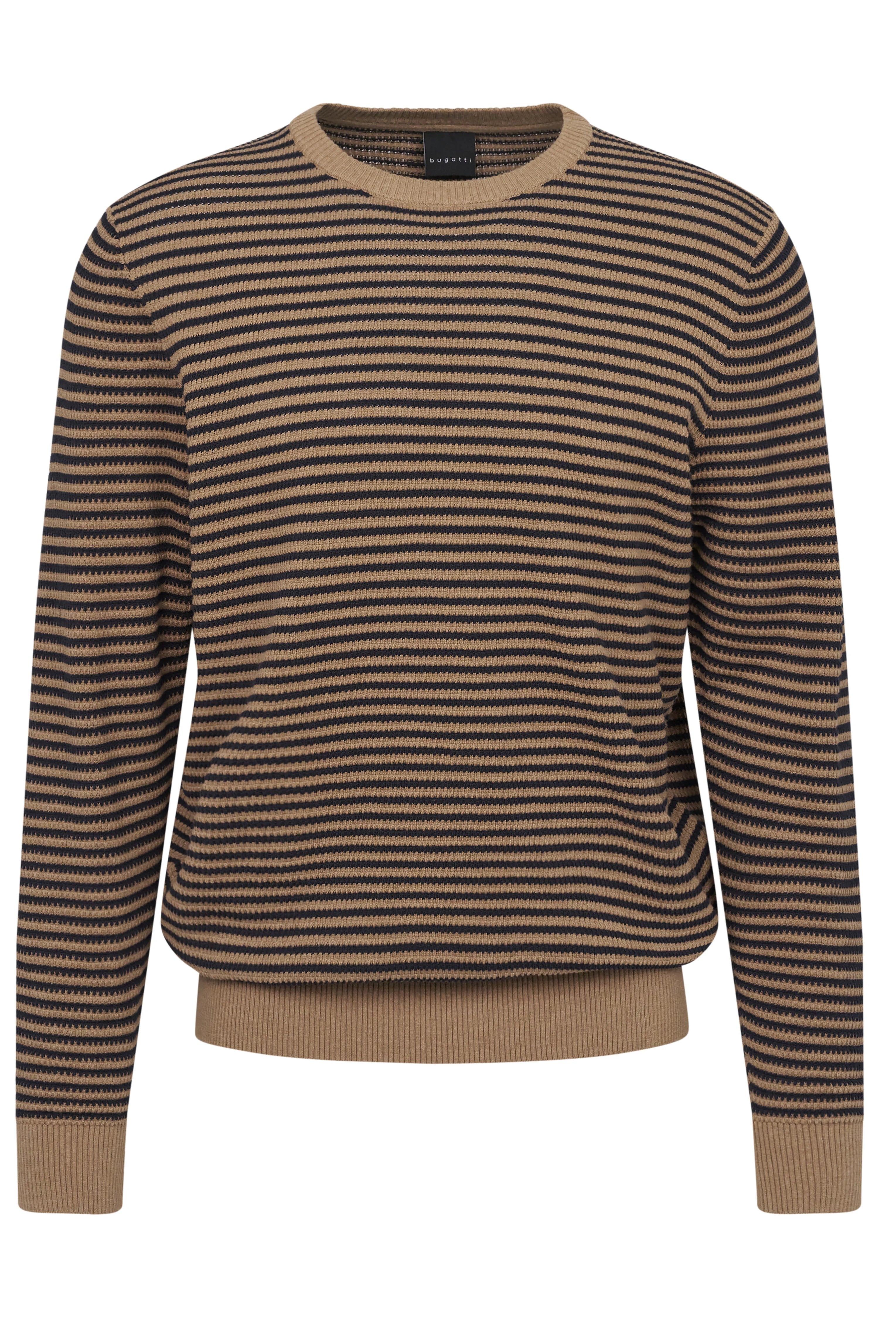 Braun-schwarz gestreifter bugatti Pullover, Büstenbild, aus hochwertigem Material, zeitloser Stil.