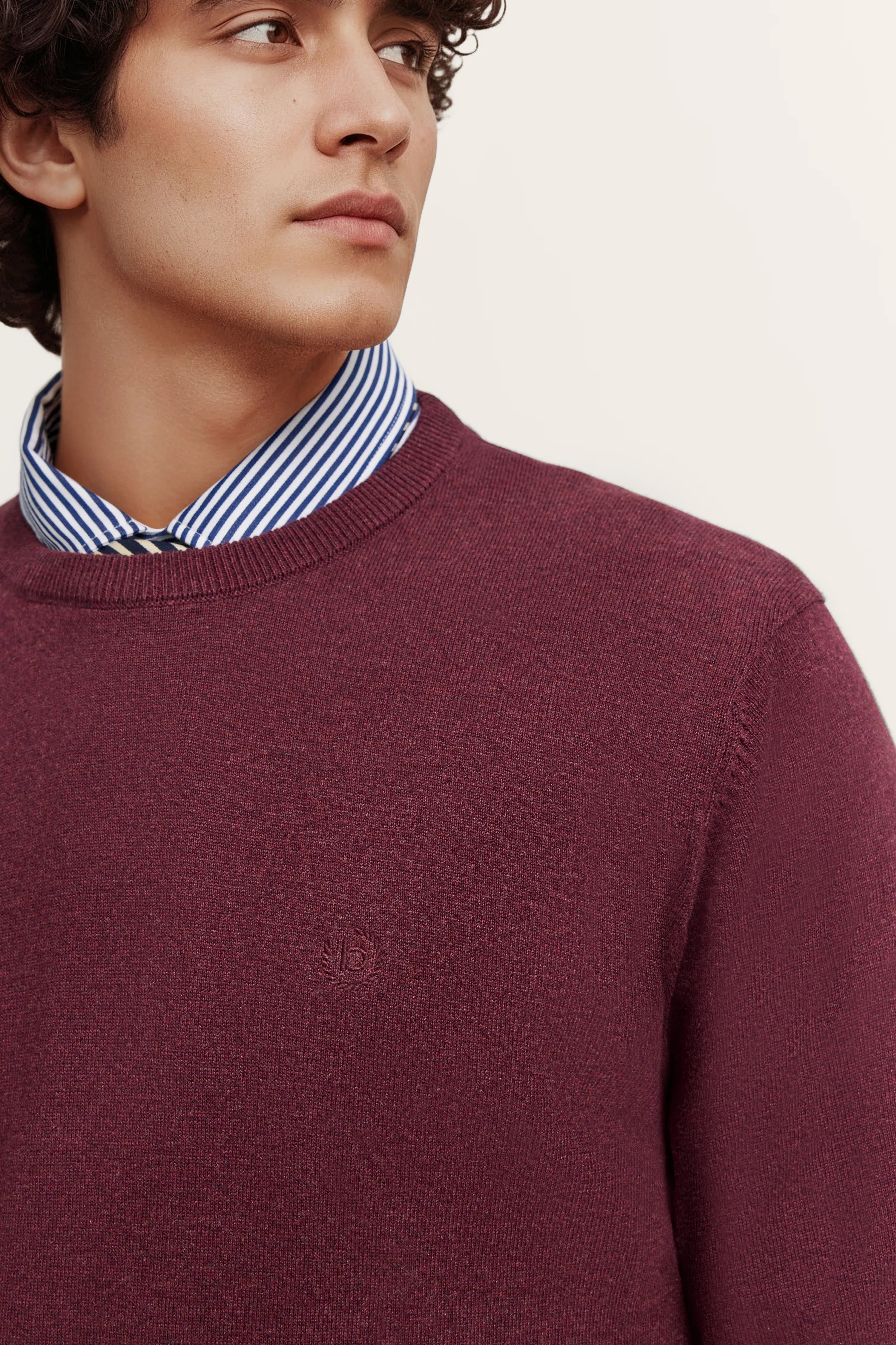 Bordeaux Pullover über gestreiftem Hemd, Modelbild, seitliches Porträt von bugatti.