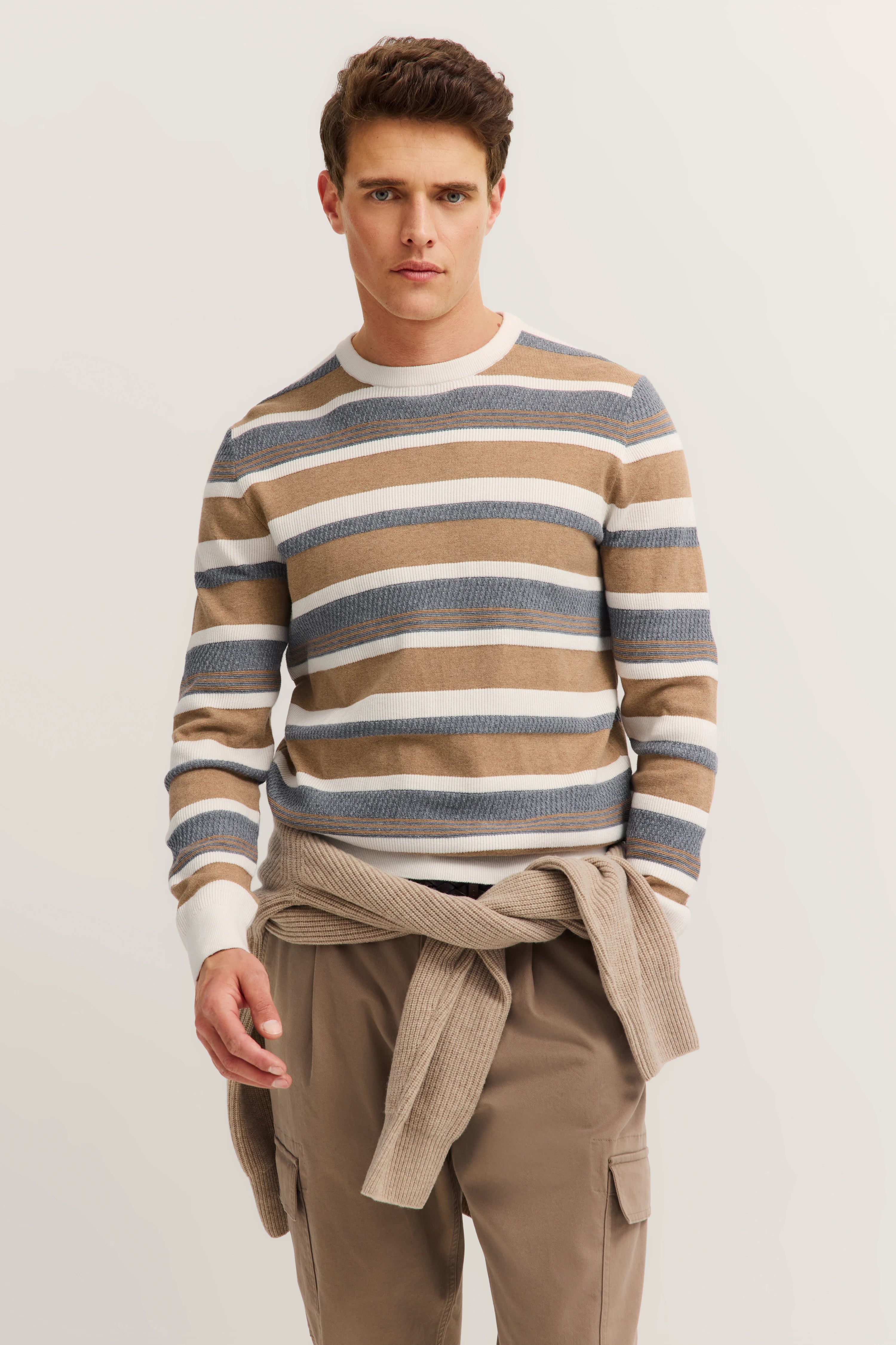 Mann im gestreiften Pullover in Braun, Blau, Weiß