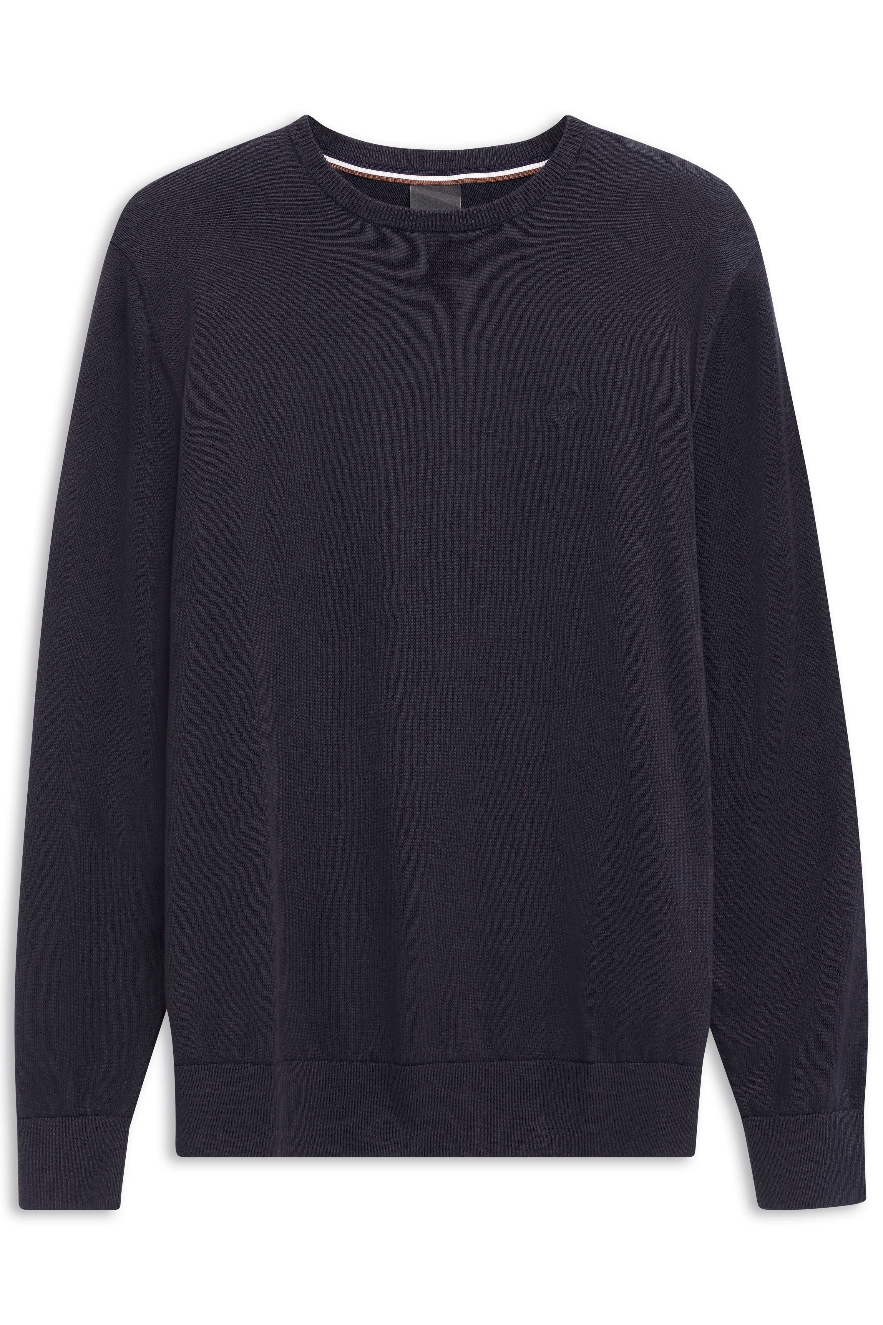 Dunkelblauer bugatti Pullover in klassischem Design, Büstenbild.