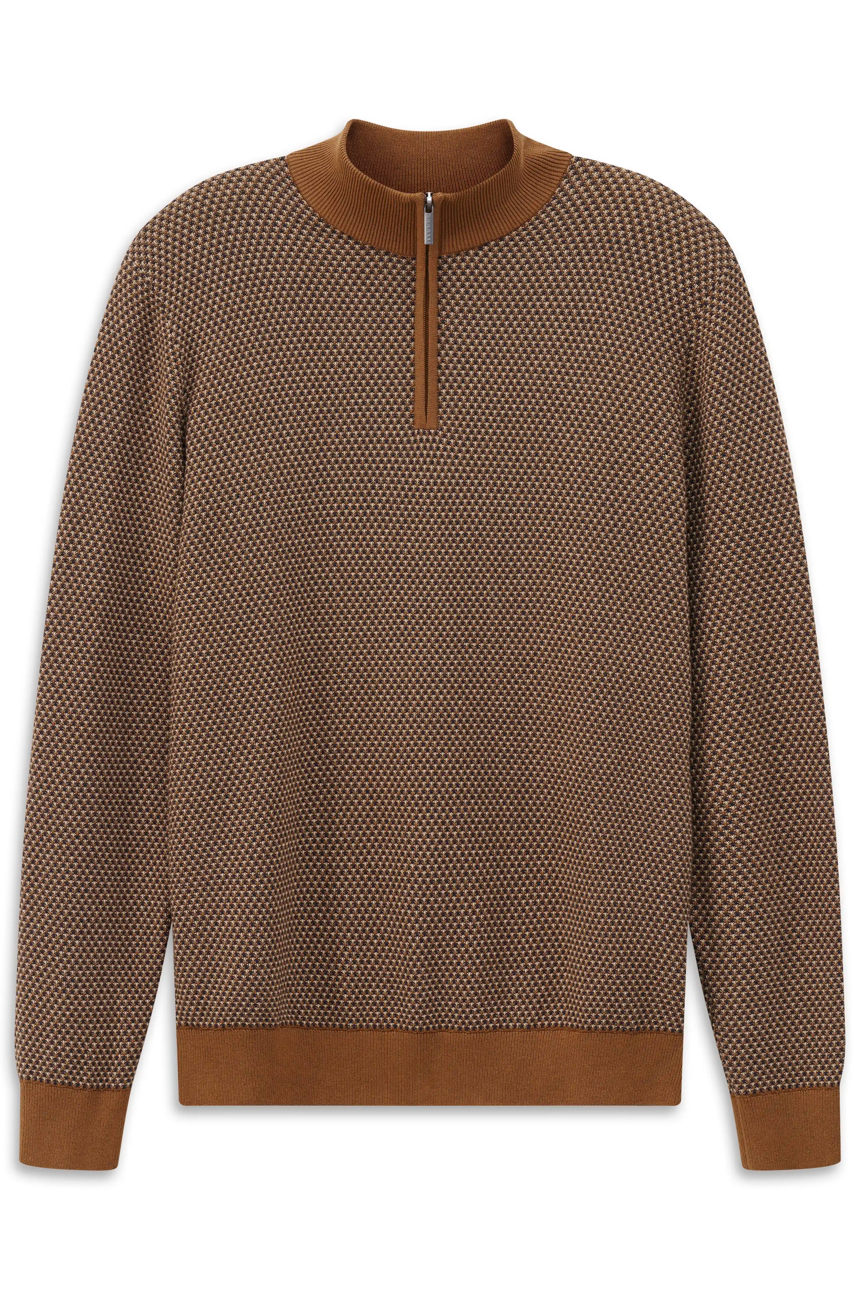 Brauner bugatti Pullover mit geometrischem Muster und Reißverschluss, Büstenbild.