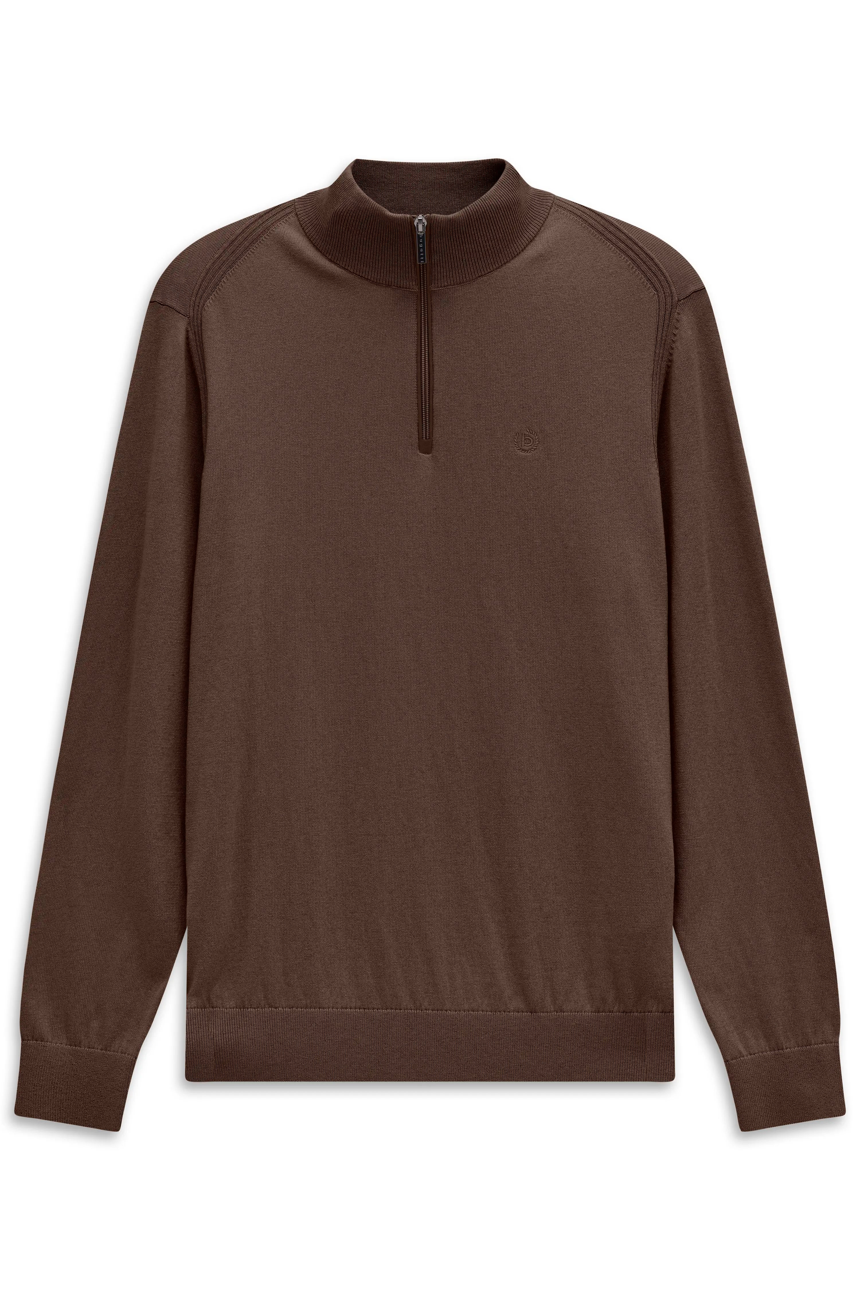 Brauner bugatti Pullover mit Reißverschluss und Stehkragen, legeres Büstenbild.