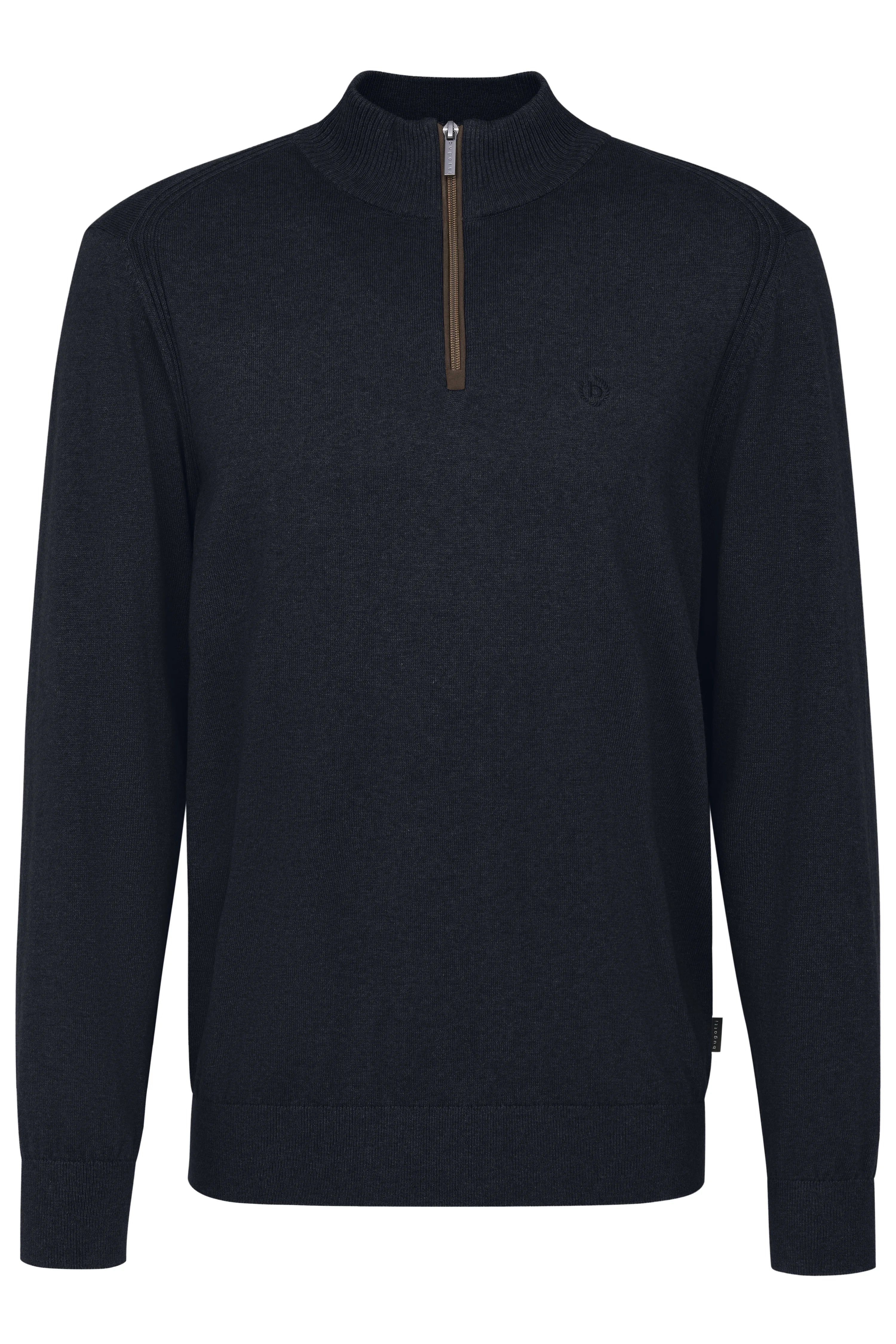 bugatti men's dark blue pullover with stand-up collar and zipper, bust view.