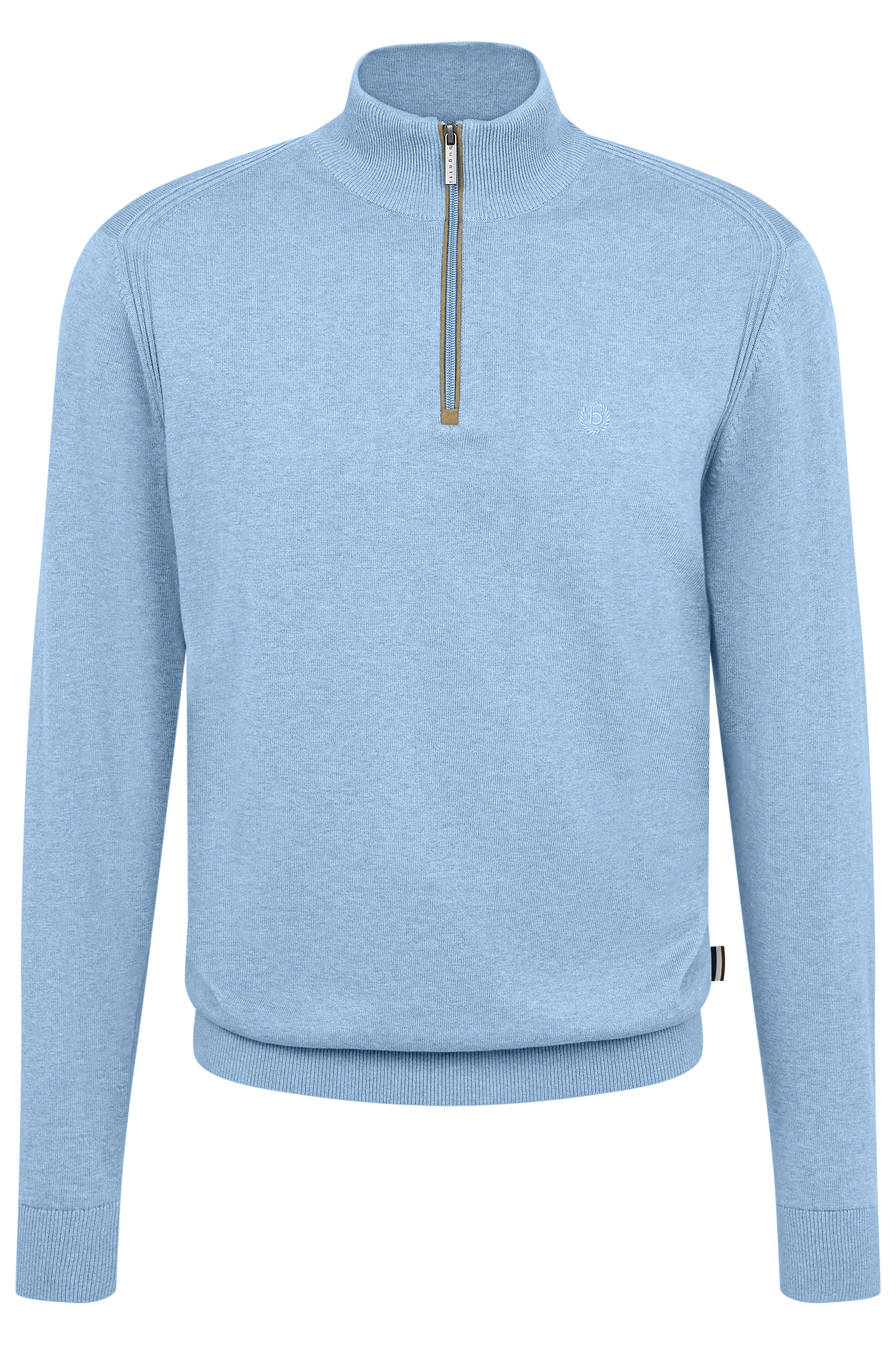 Blauwe bugatti trui met halve rits, busteweergave, tijdloos en stijlvol voor elegante outfits.