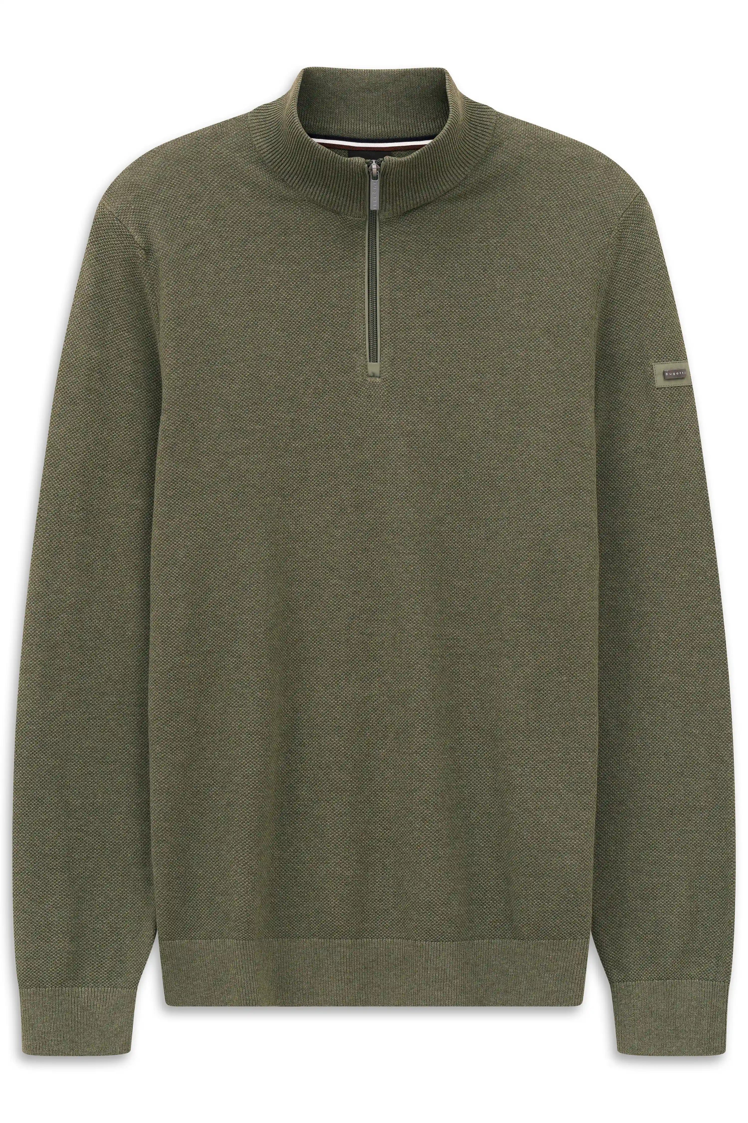 Olivgrüner bugatti Pullover mit Reißverschluss, Büstenbild, zeitlos elegant.