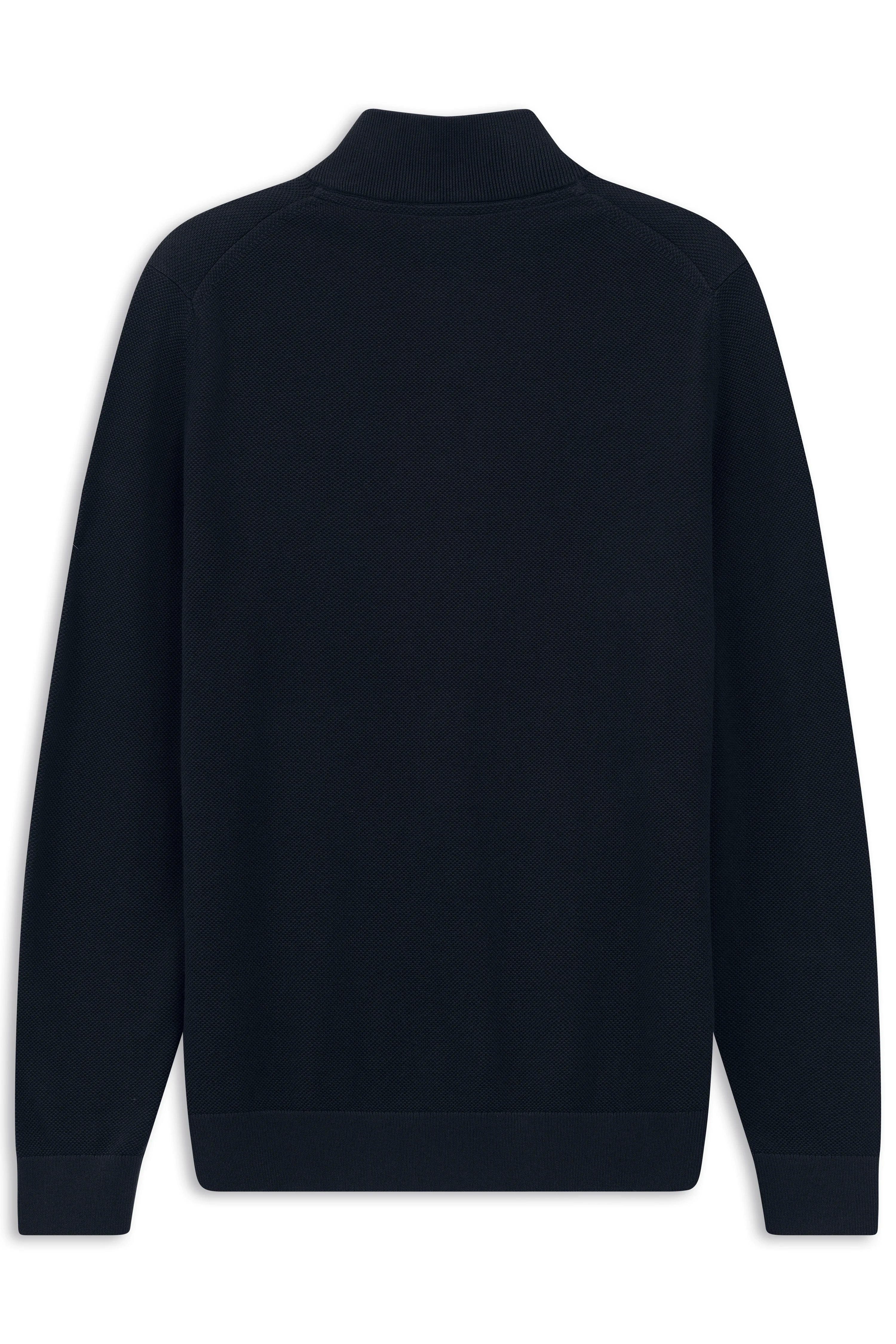 Navy blauer bugatti Pullover, Rückansicht, legeres Design, hochwertige Materialien, zeitlose Eleganz.