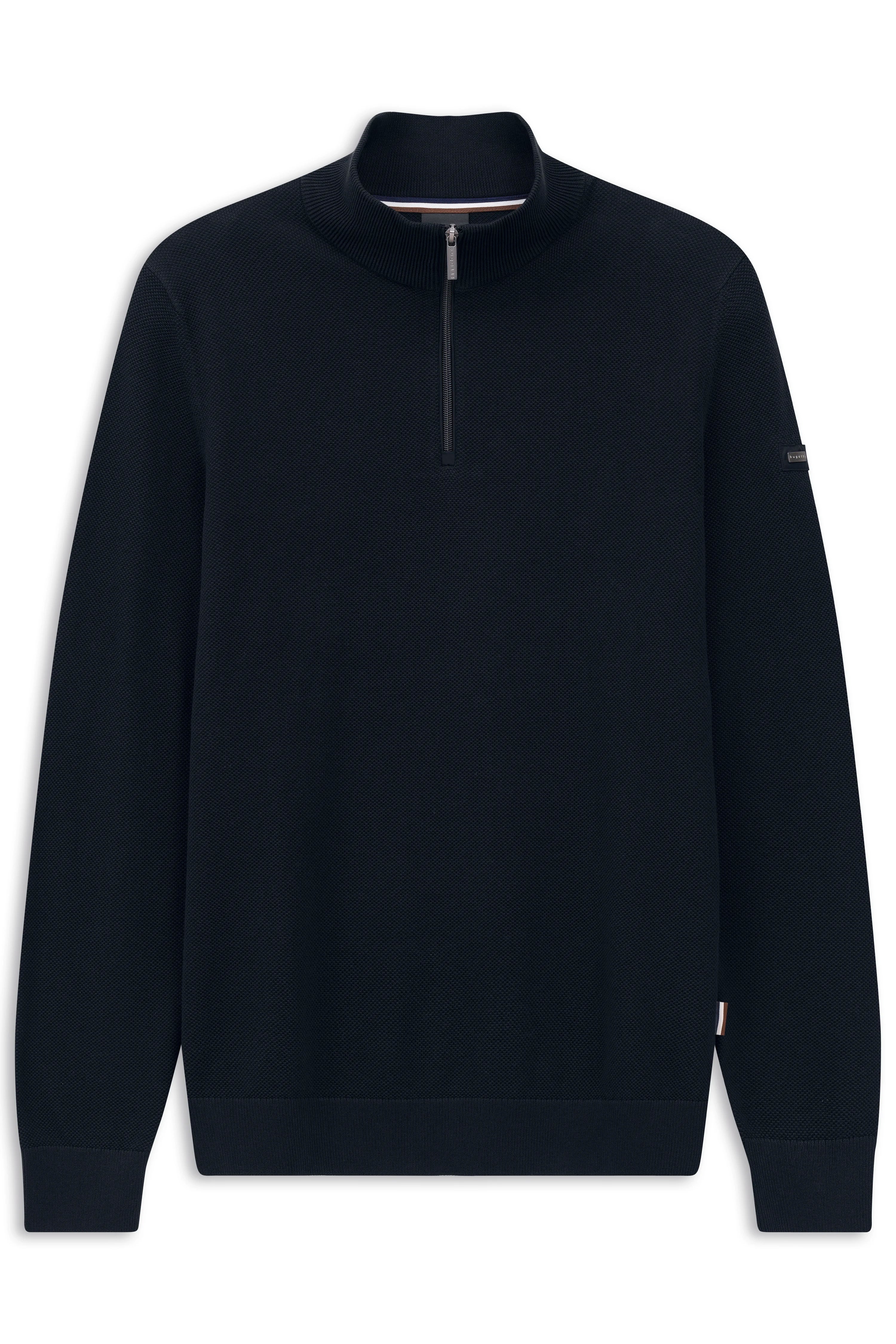 Schwarzer bugatti Pullover mit Reißverschluss, klassische Büstenansicht.