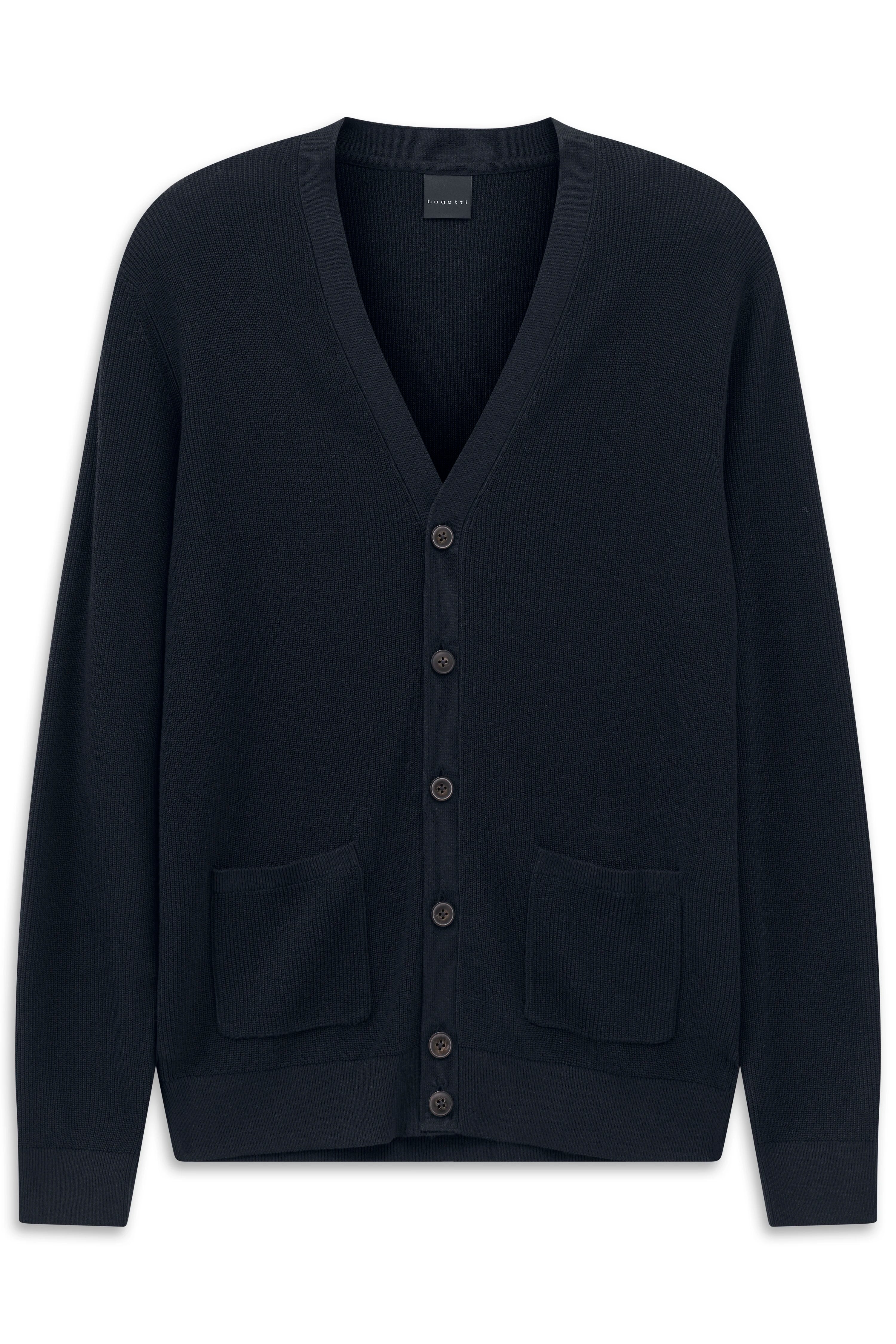 Navy Cardigan in Büstenansicht, Knopfleiste, V-Ausschnitt, zwei Taschen, zeitloses Design von bugatti.