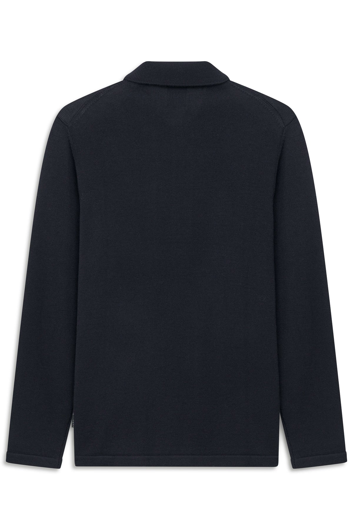 Schwarzer bugatti Langarm-Pullover, Rückansicht, legeres Büstenbild.