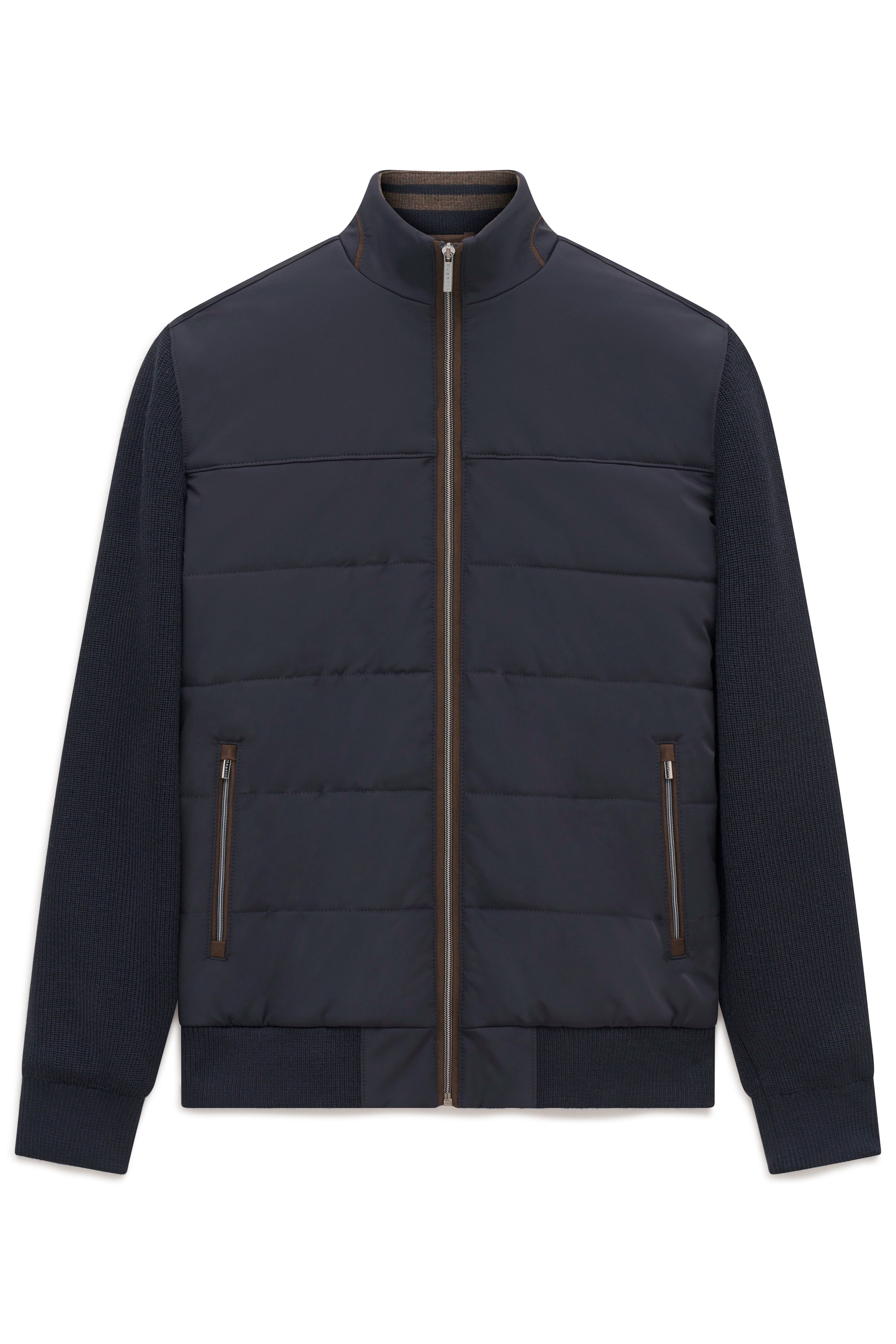 Navy bugatti Jacke, gesteppter Körper, Strickärmel, Reißverschluss, Büstenbild
