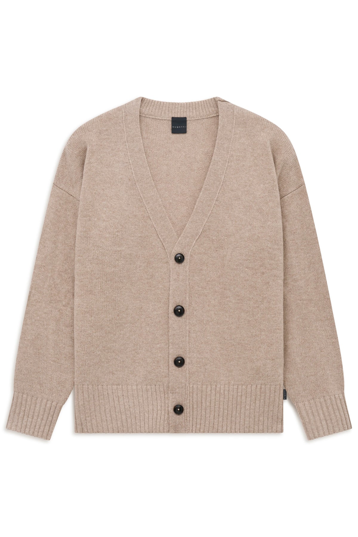 Beige bugatti Cardigan mit V-Ausschnitt und Knöpfen, Büstenbild.