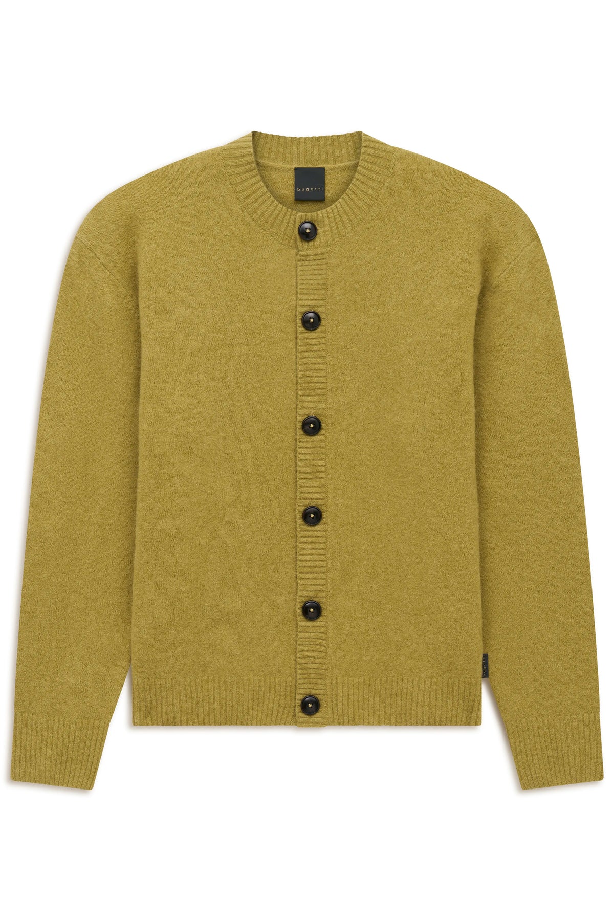 Olivgrüner bugatti Cardigan, Büstenbild, elegante Knopfleiste.