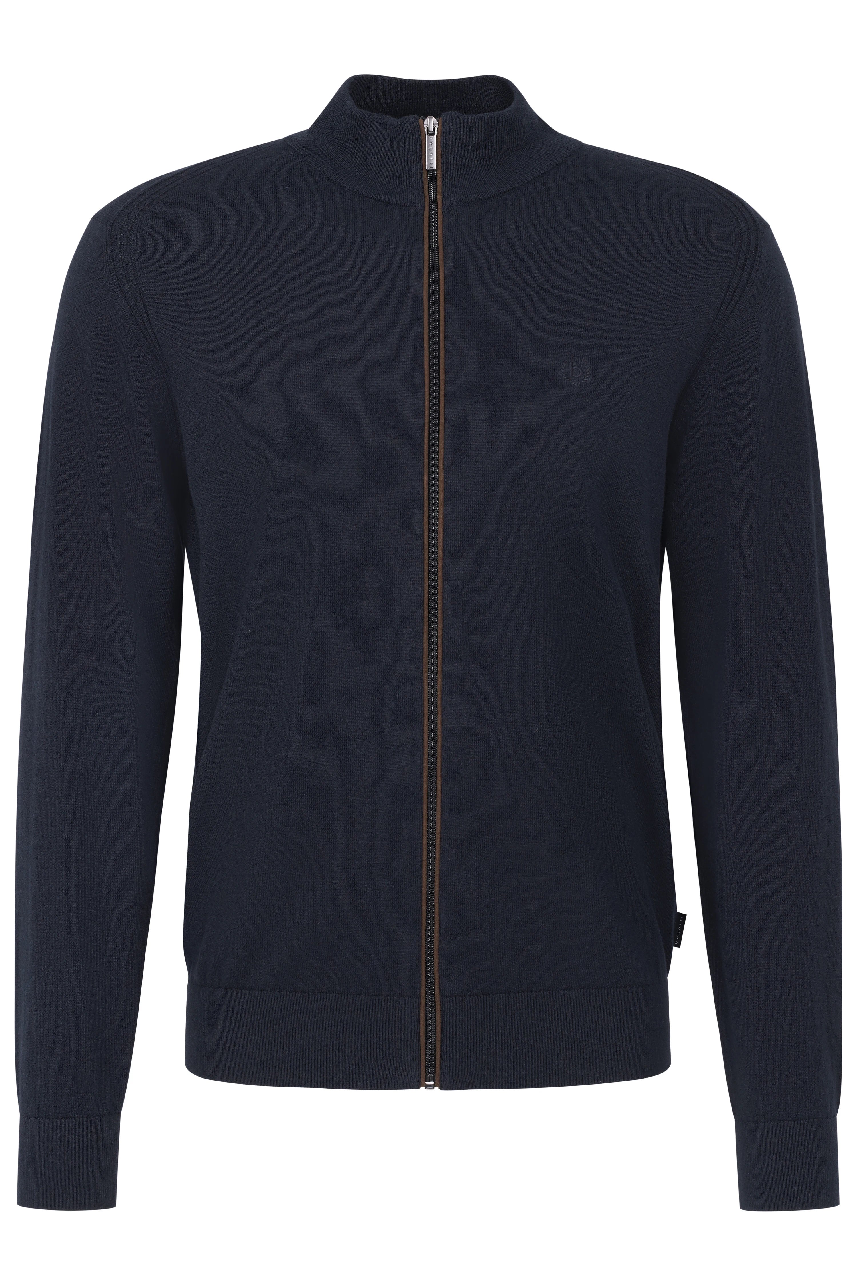 Dunkelblauer bugatti Cardigan mit Reißverschluss, Büstenbild, schlichtes Design.