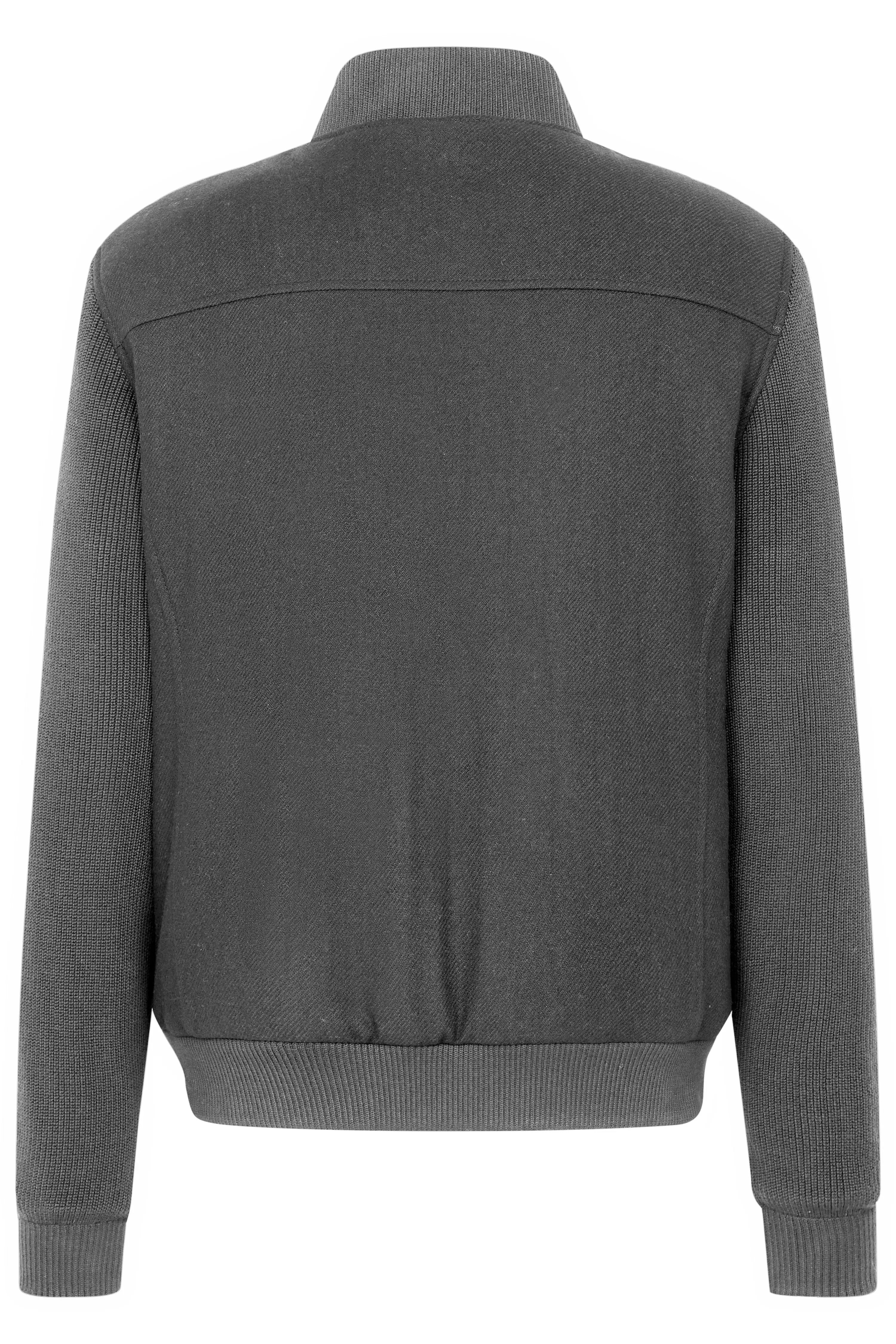 Graue bugatti Jacke mit gerippter Struktur, Rückansicht, legeres Design, hochwertige Materialien.