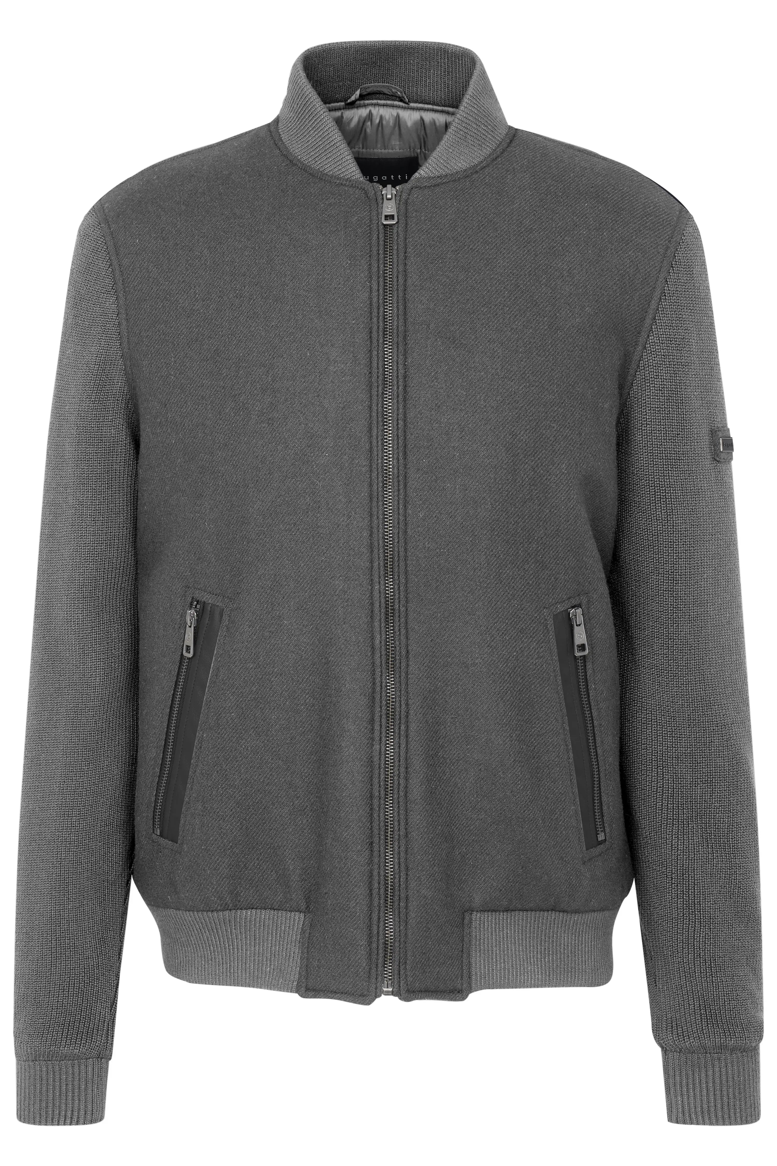 Graue bugatti Jacke, Reißverschluss, Büstenbild, eleganter Stil.