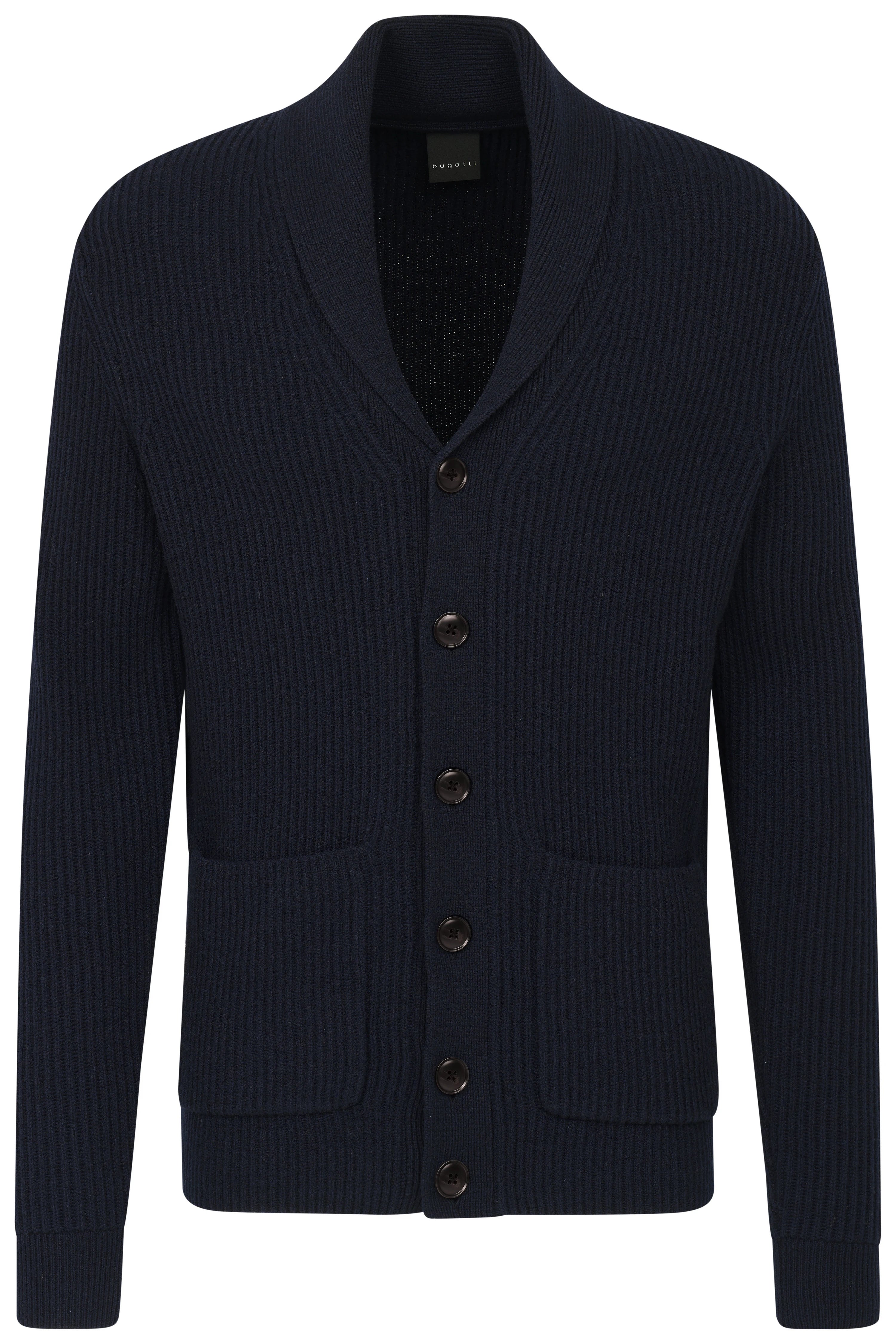 Dunkelblauer bugatti Cardigan, Rippenstrick, Büstenbild, zeitlose Eleganz und Komfort.