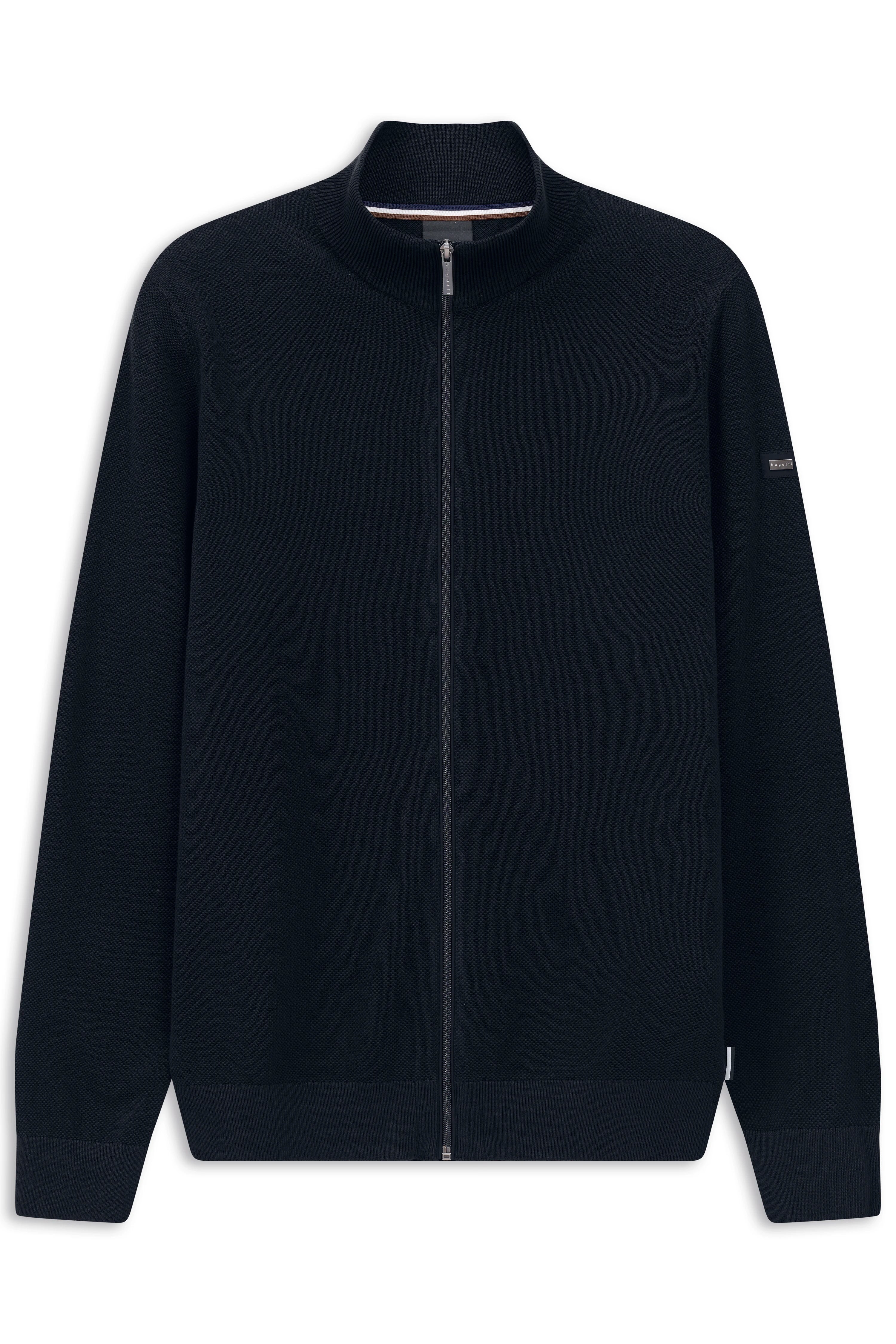 Schwarze bugatti Strickjacke mit Reißverschluss, Büsteansicht, elegante Struktur.