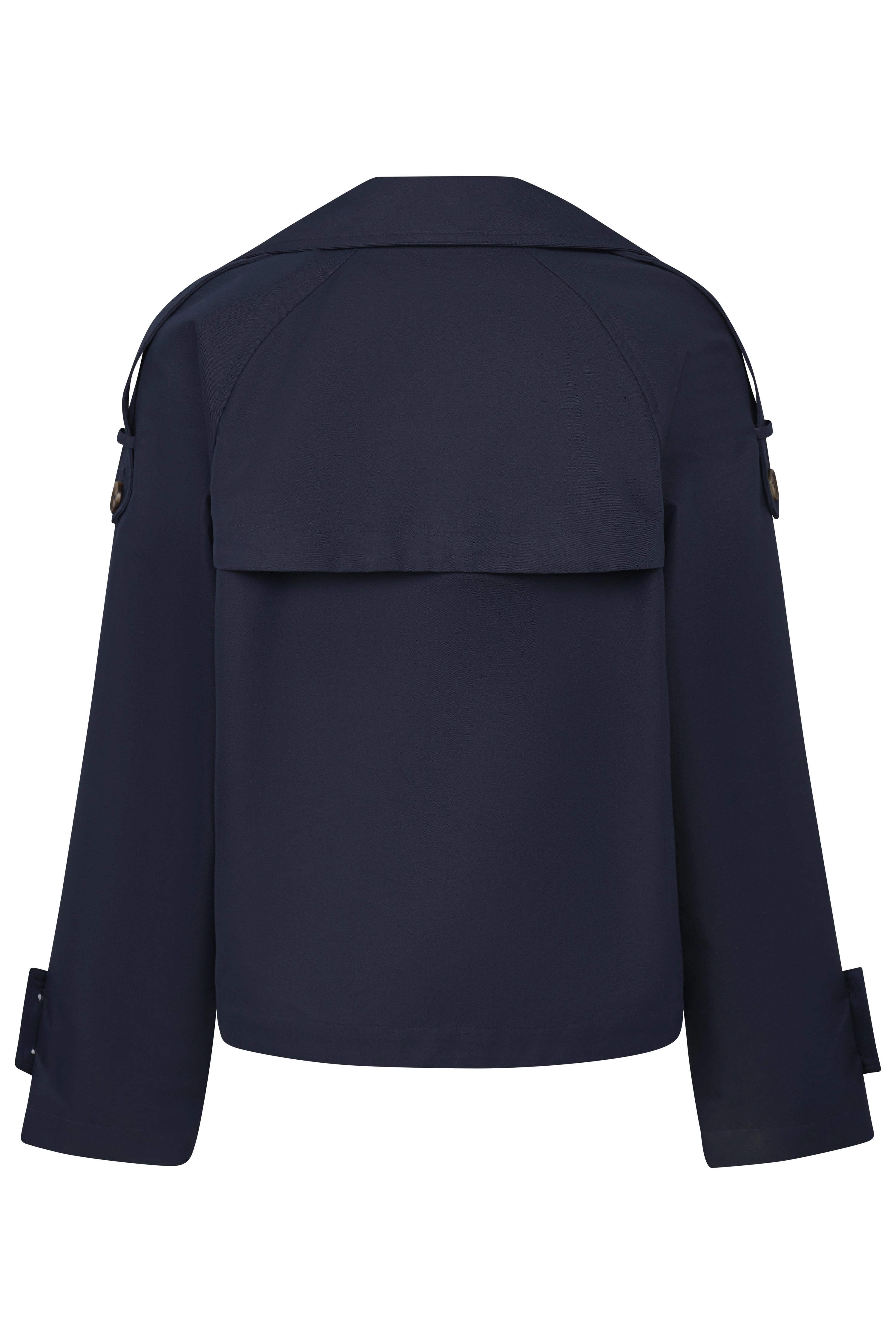 Donkerblauwe bugatti mantel, achterkant, casual busteweergave, elegant ontwerp.