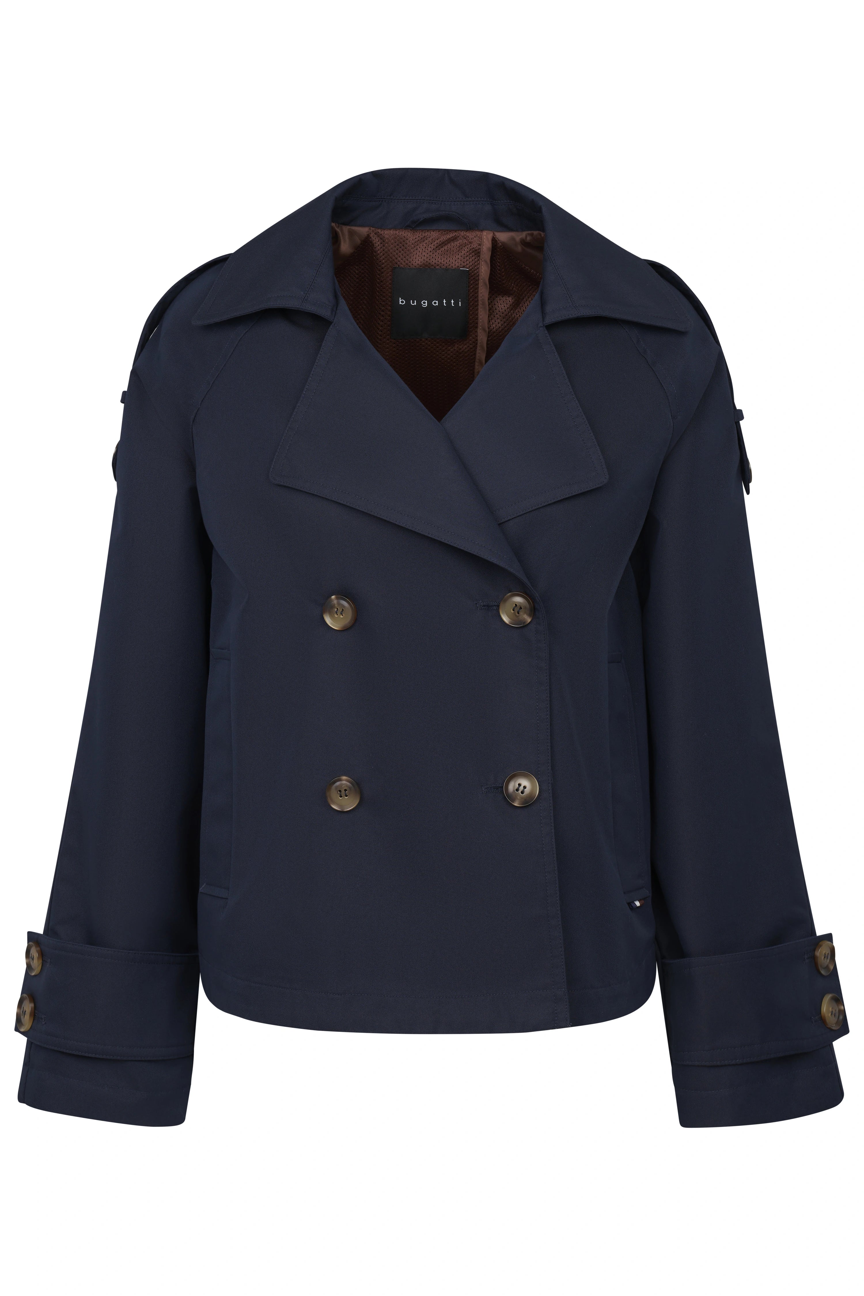 Donkerblauwe bugatti Peacoat, busteweergave, dubbele knopenrij en brede kraag.