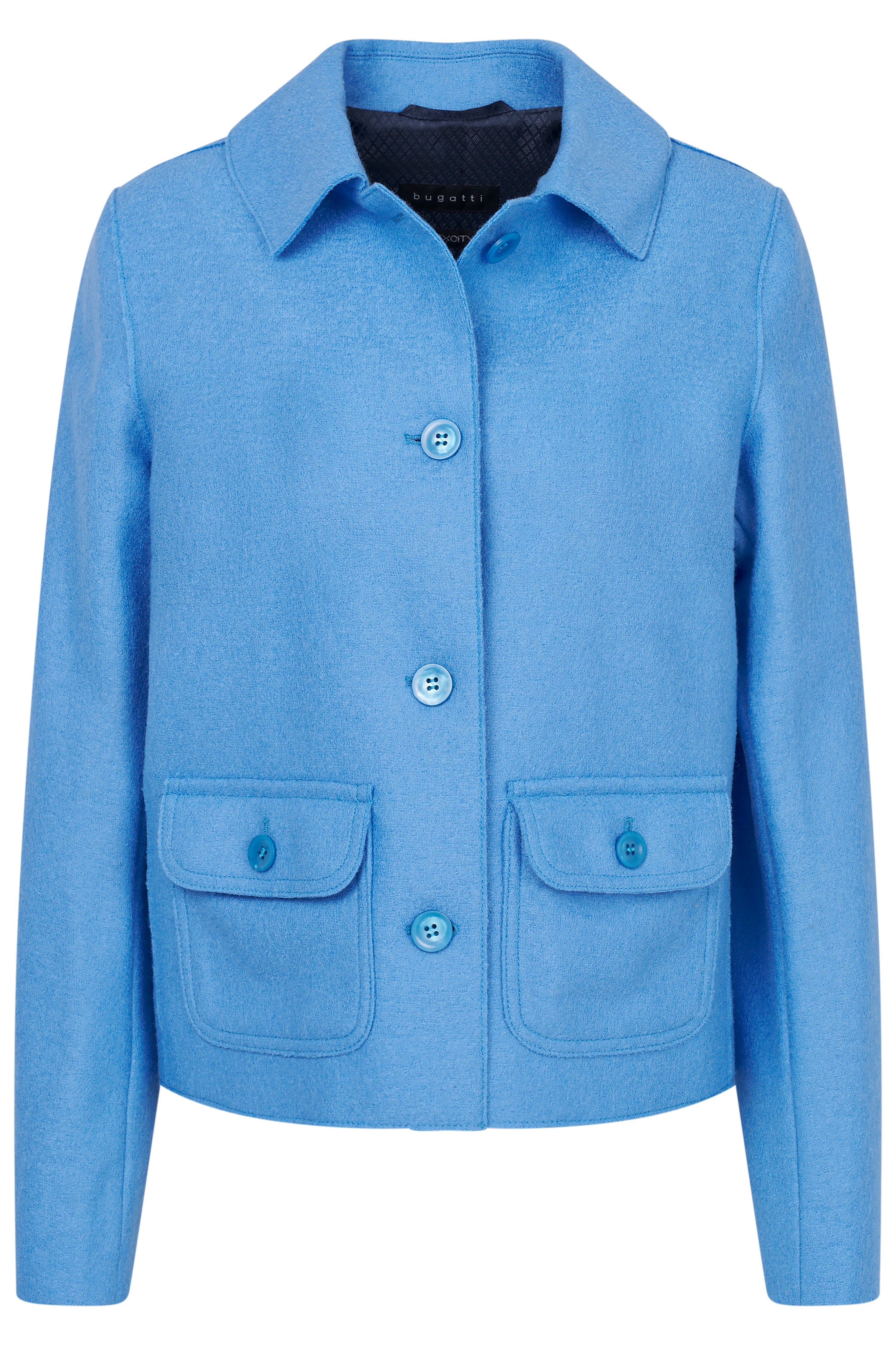 Blauwe bugatti mantel met knopen en zakken, busteweergave.