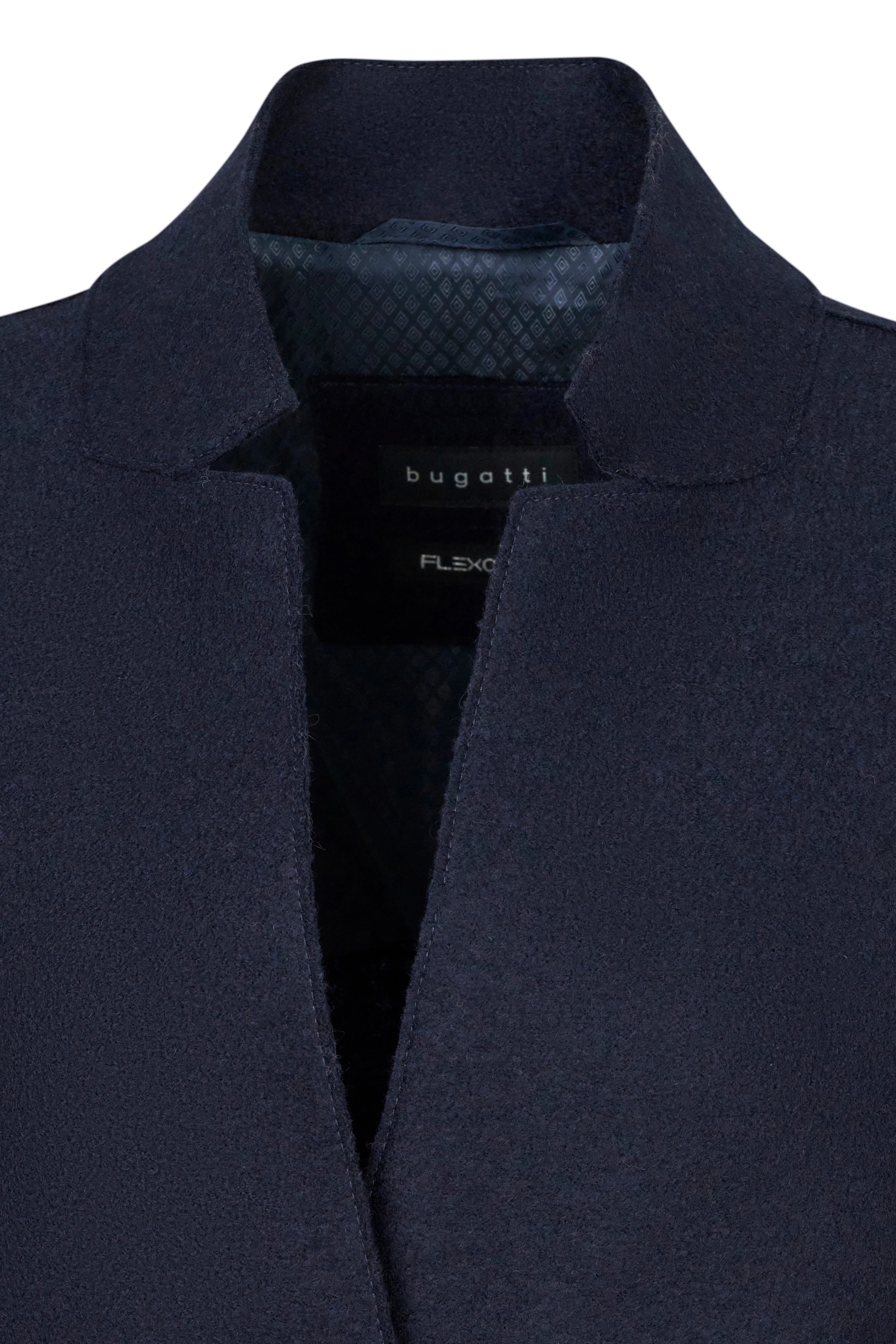 Navy bugatti mantel met kraag, elegant en tijdloos, detailweergave.