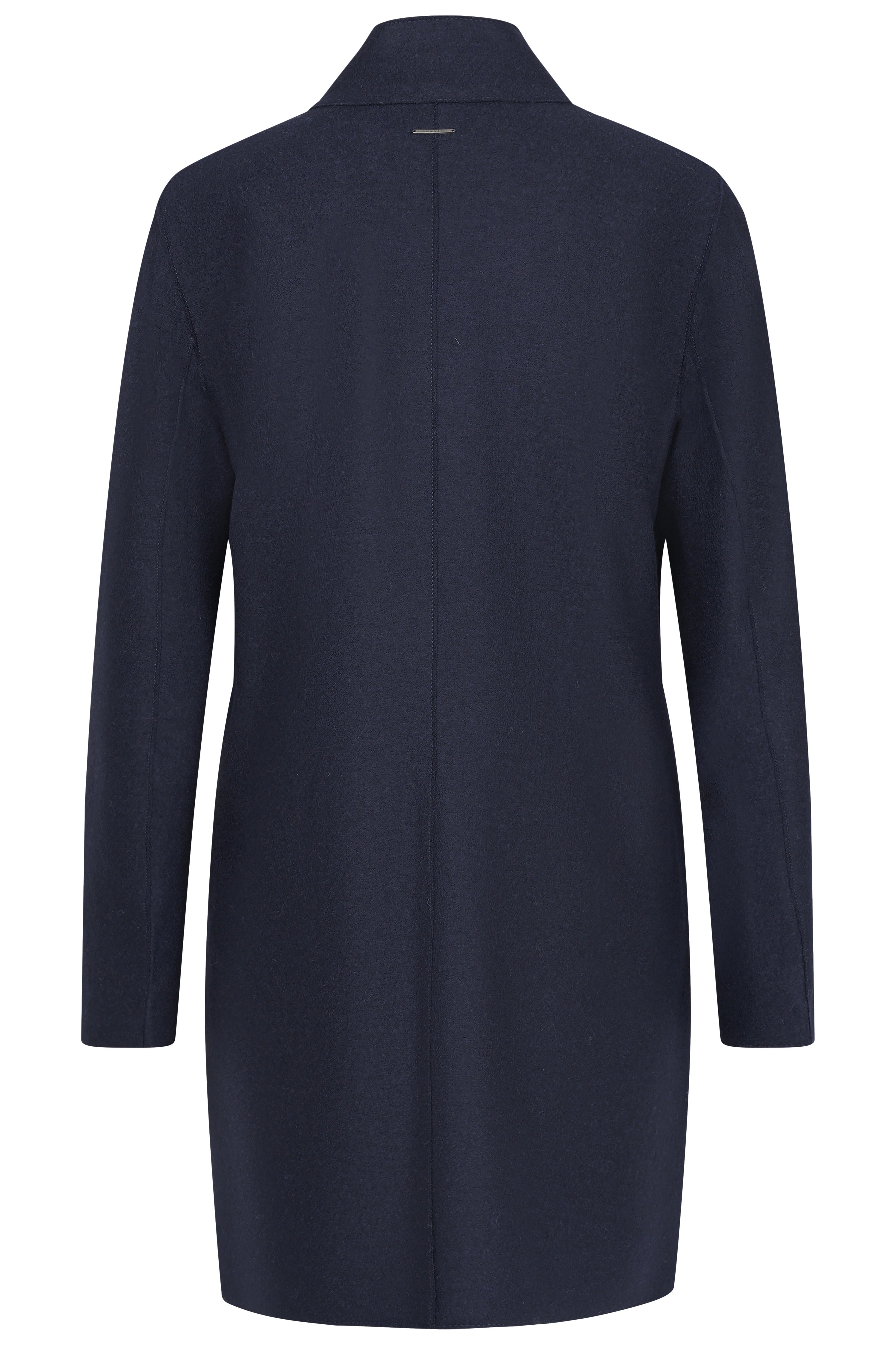 Marineblau bugatti jas, achterkant, elegant ontwerp, buste, tijdloze verfijning.