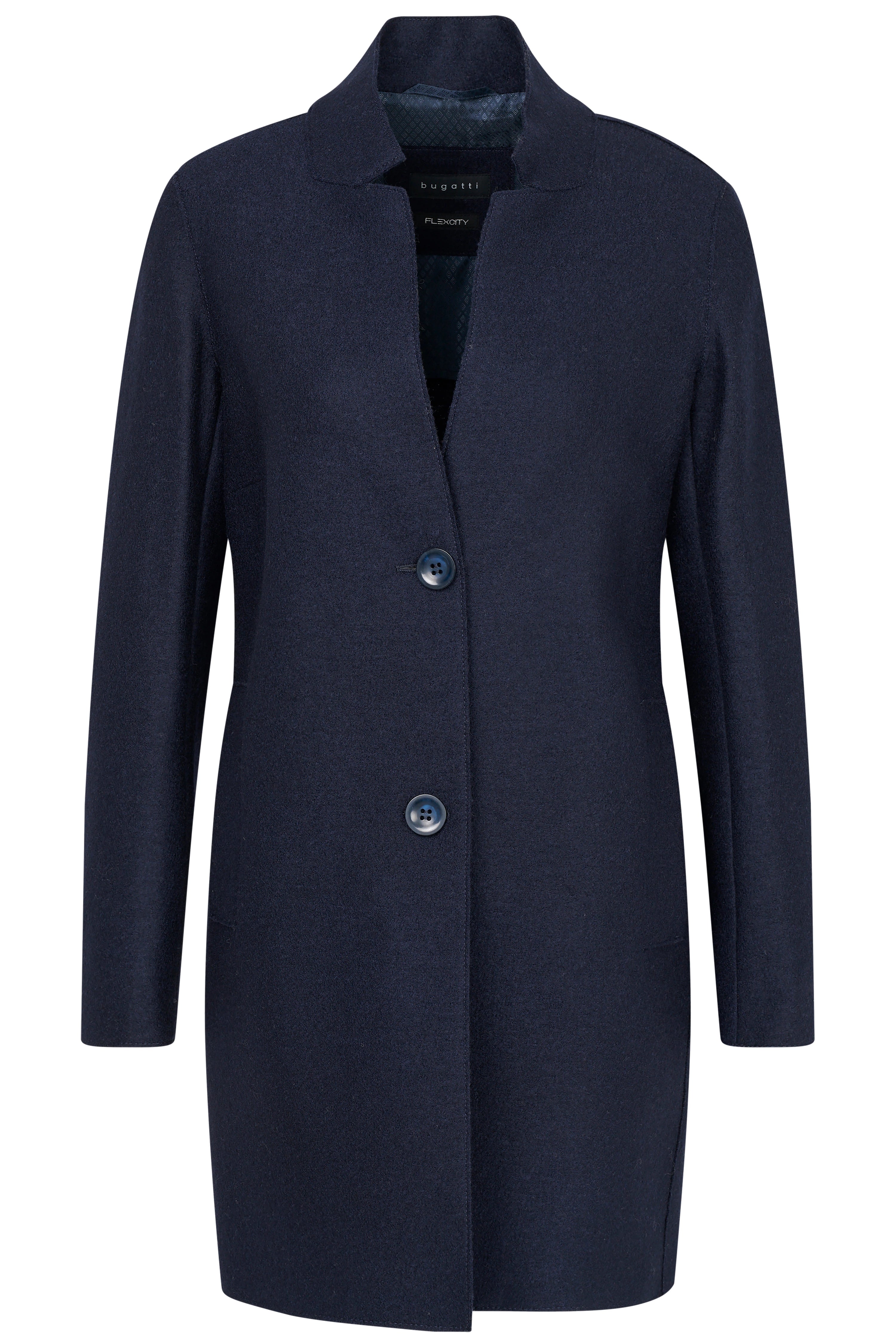 Donkerblauwe bugatti jas, busteweergave, elegante knopenlijst, tijdloze stijl.