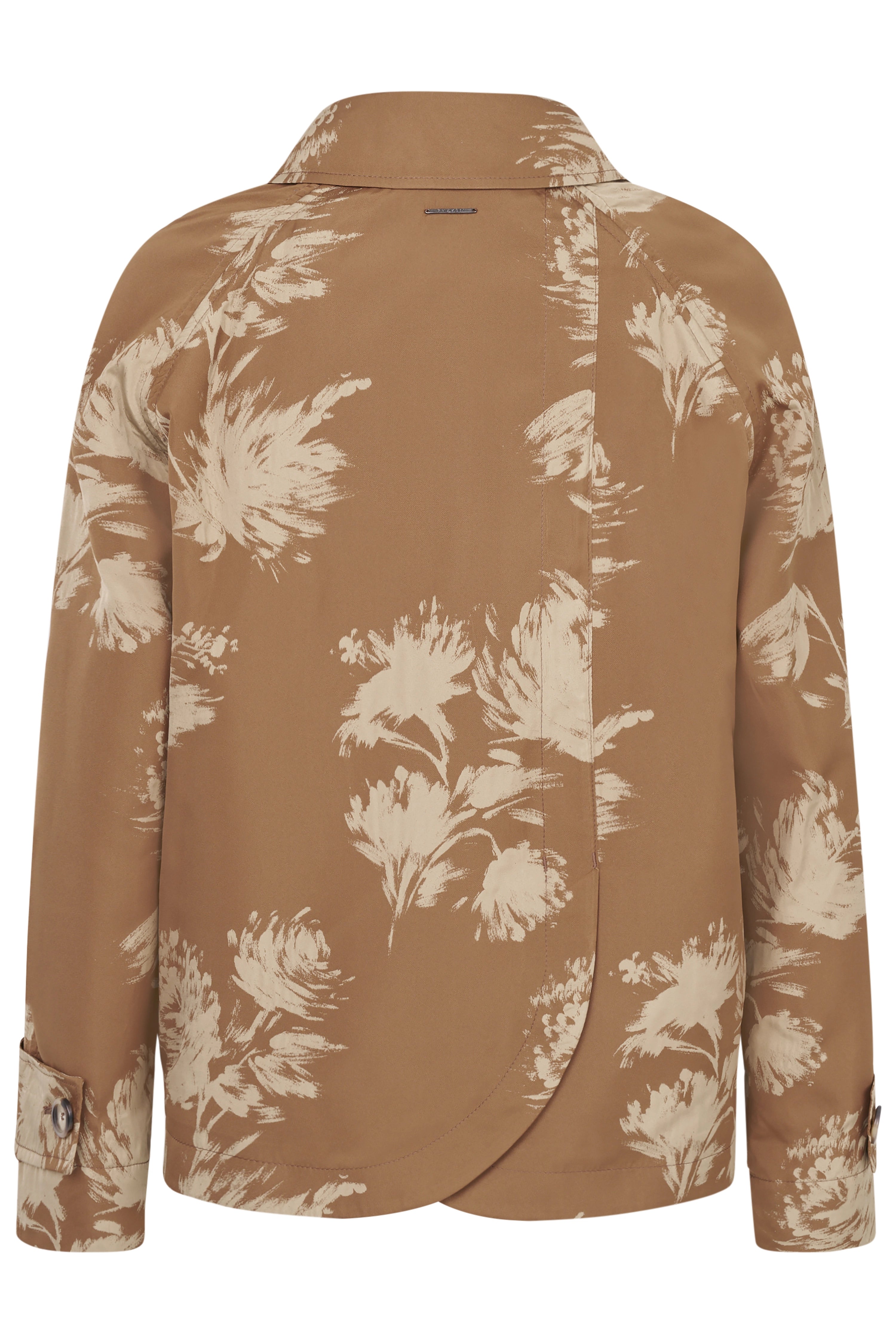 Beige bugatti jas met bloemenpatroon, busteweergave.