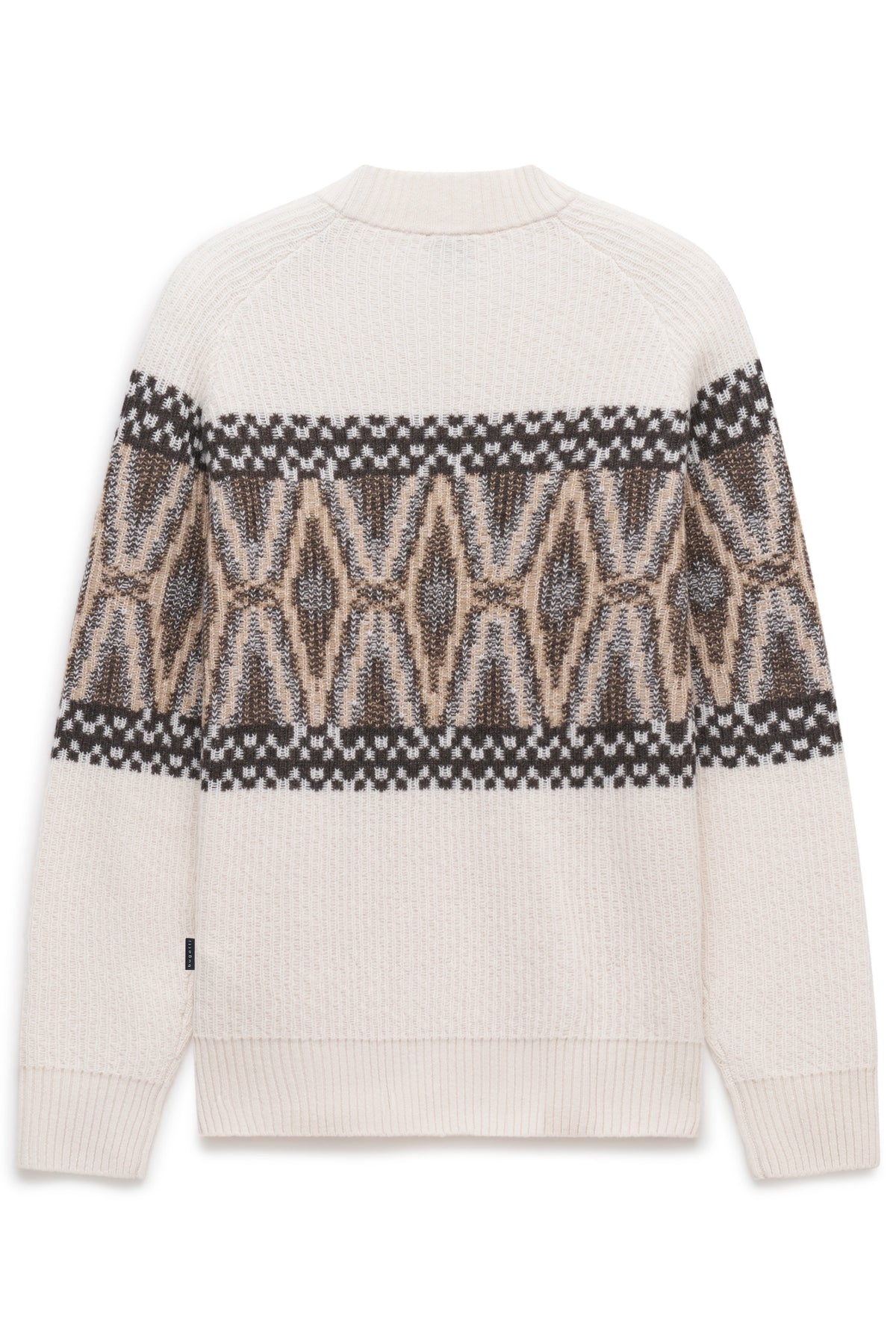 Strickpullover in creme mit geometrischem Muster in Braun und Grau, Büstenbild, bugatti Stil.