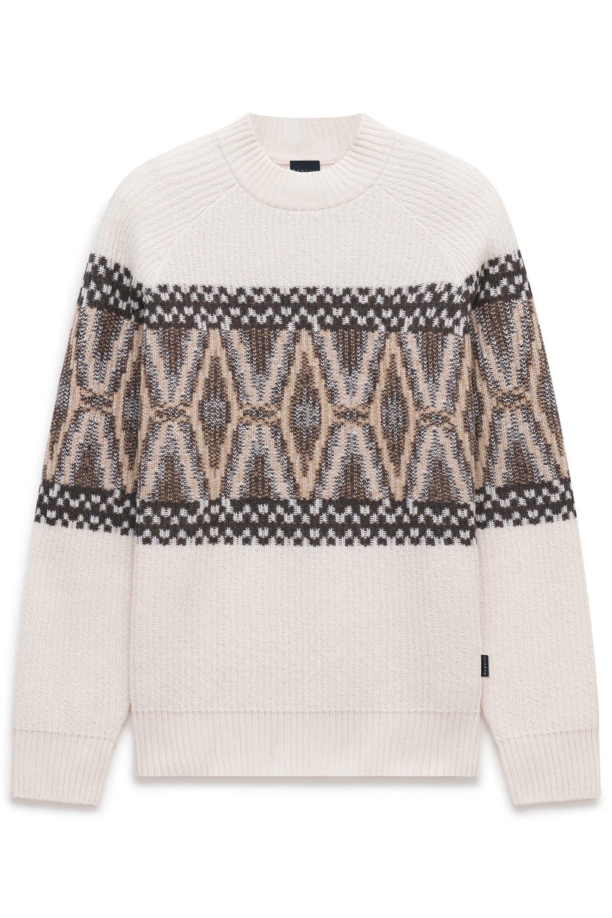 Weiße bugatti Strickpullover mit geometrischem Muster in Braun und Grau, Produktfoto.