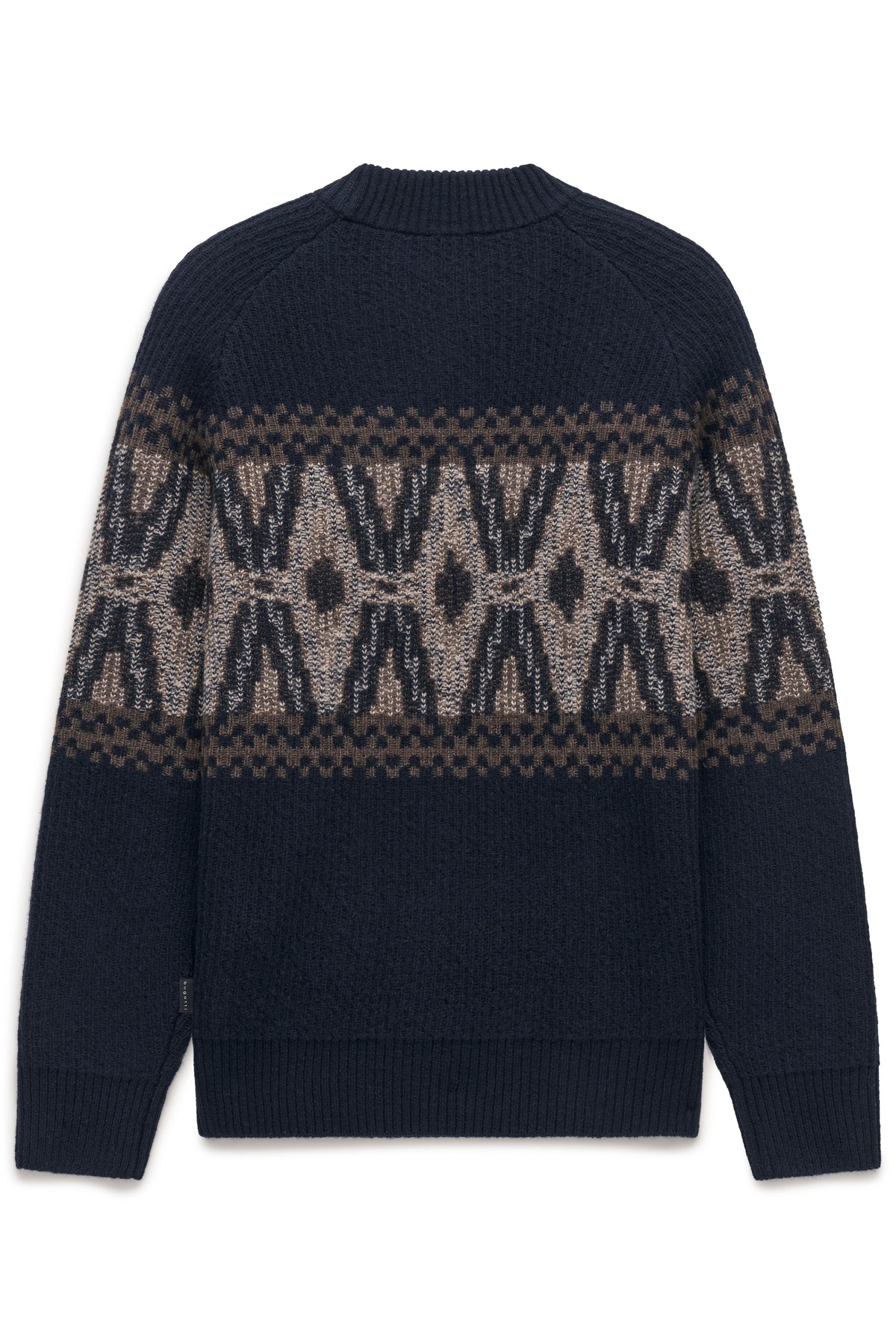 Strickpullover von bugatti in Dunkelblau mit geometrischem Muster, Büstenbild.
