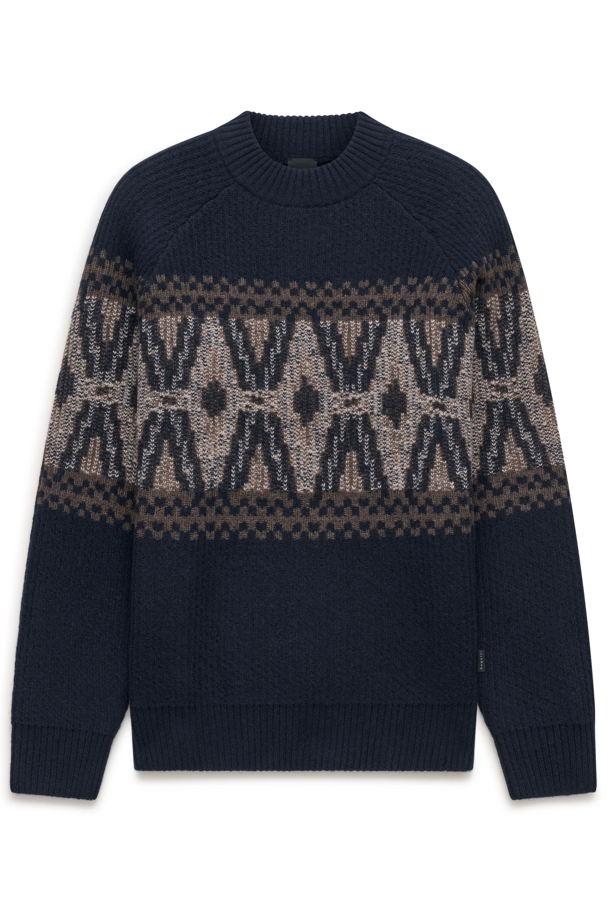 Dunkelblauer bugatti Pullover mit geometrischem Muster in Beige und Grau, Büstenbild.