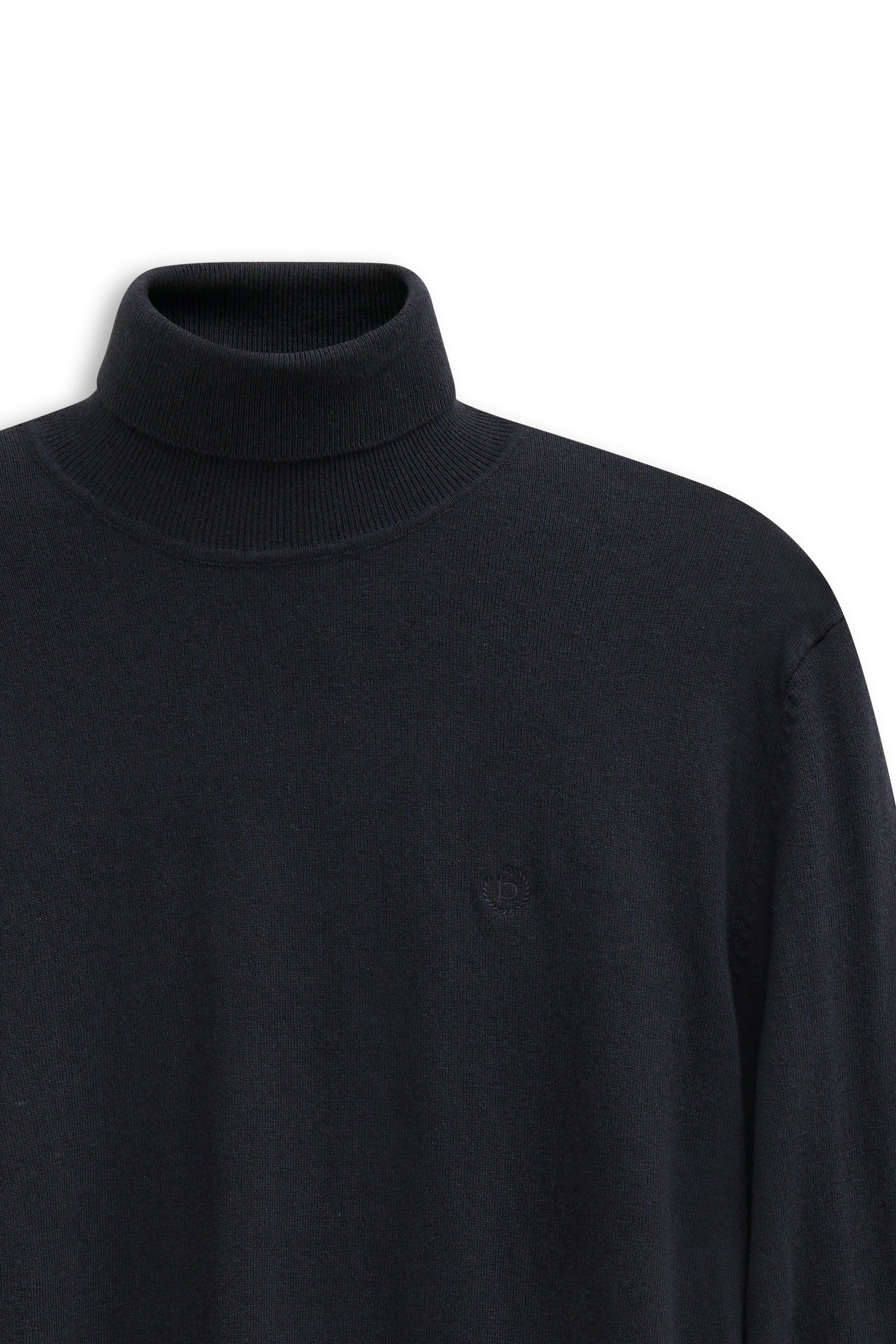 Black bugatti turtleneck sweater, bust view, simple design.