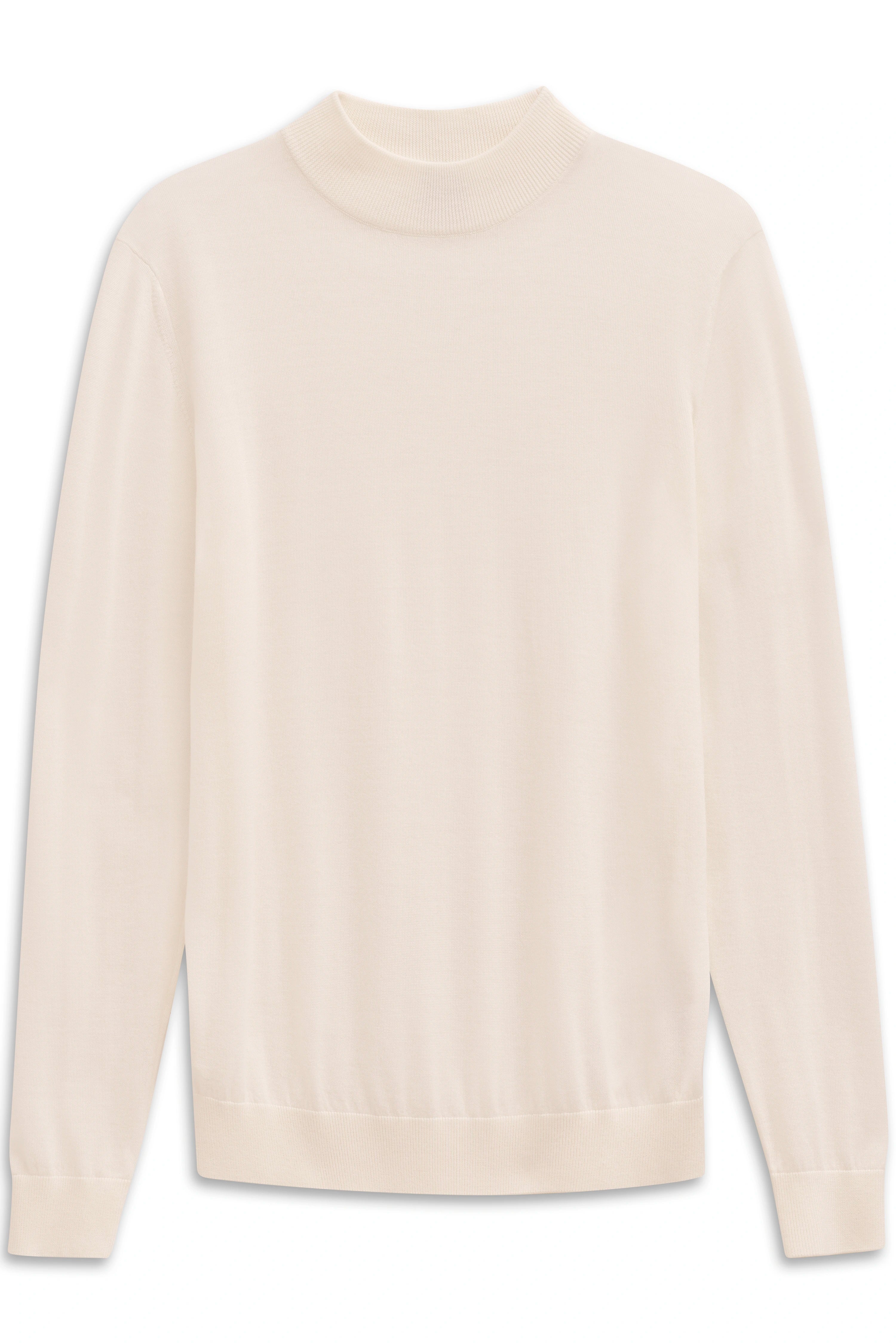 Alt-Text: Eleganter bugatti Pullover in Creme, Büstenbild, zeitloses Design, hoher Kragen, weiches Material.
