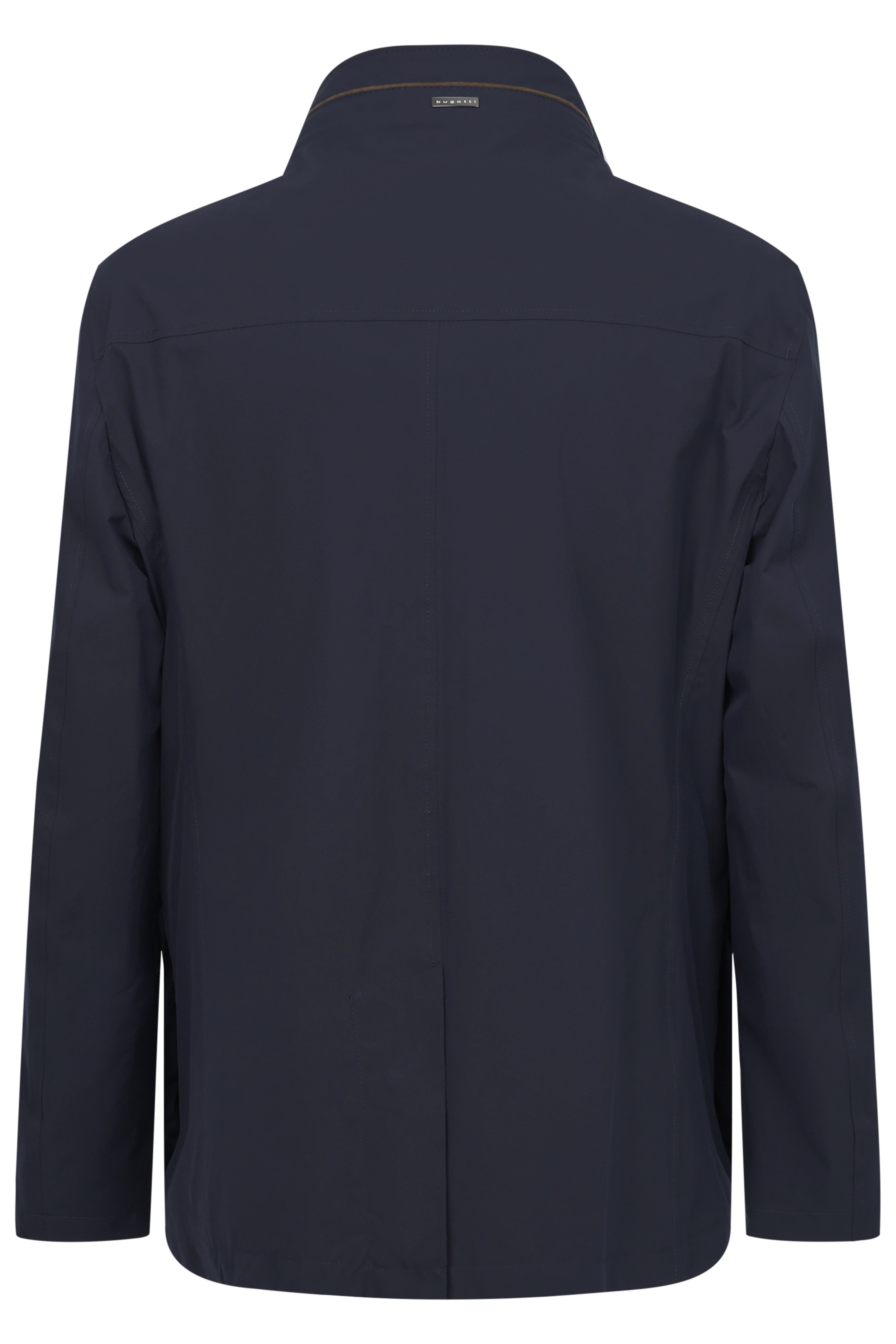 Marineblauwe bugatti-jas, achteraanzicht, casual stijl, eenvoudig ontwerp.