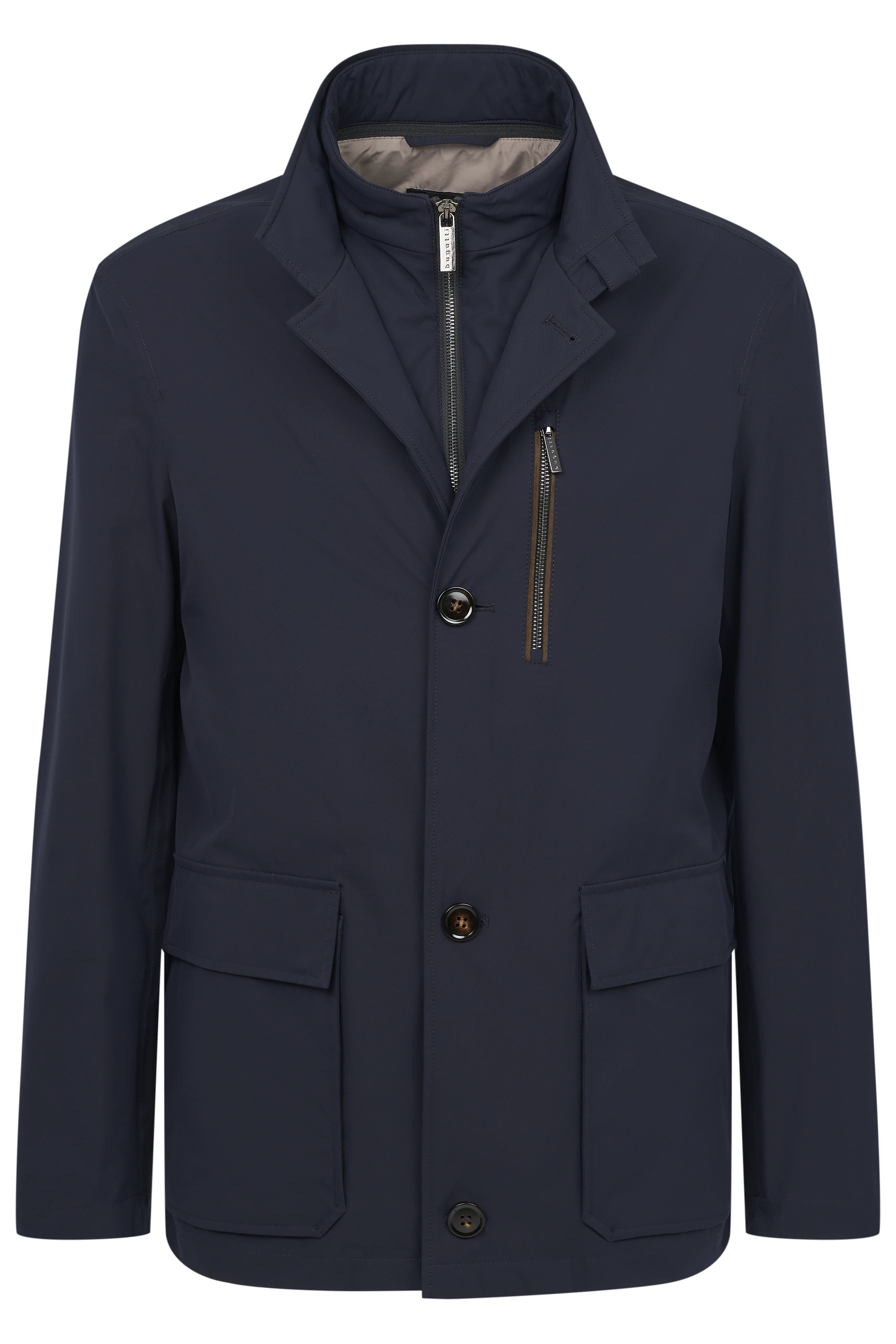 Donkerblauwe bugatti jas, elegant ontwerp, busteafbeelding, met ritssluiting en knoopsluiting.