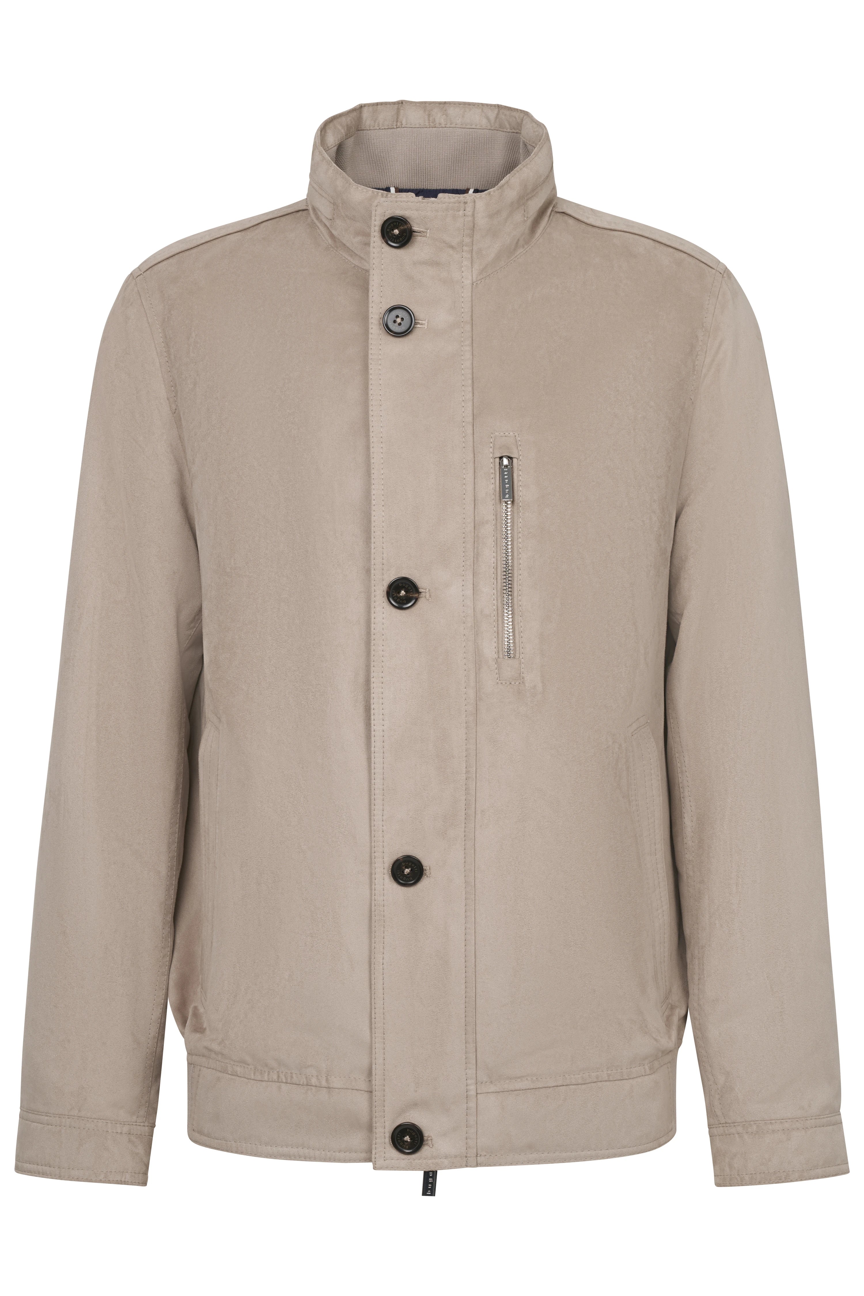 Beige bugatti Jacke mit Stehkragen und Knöpfen, Büstenbild, zeitlos elegant.